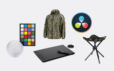 Camouflage jacket, Color checker, Graphic tablet, Folding camping stool, LED light