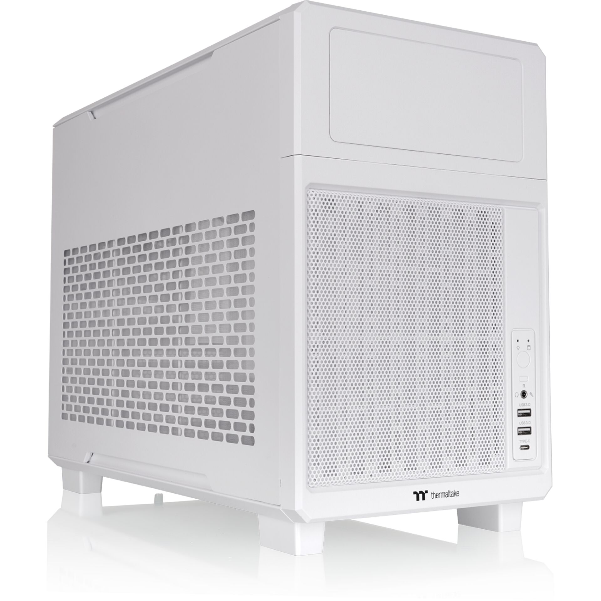 ITX mini PC, weißer Gehäuse, Mesh-Panel, USB-Anschlüsse, ATX