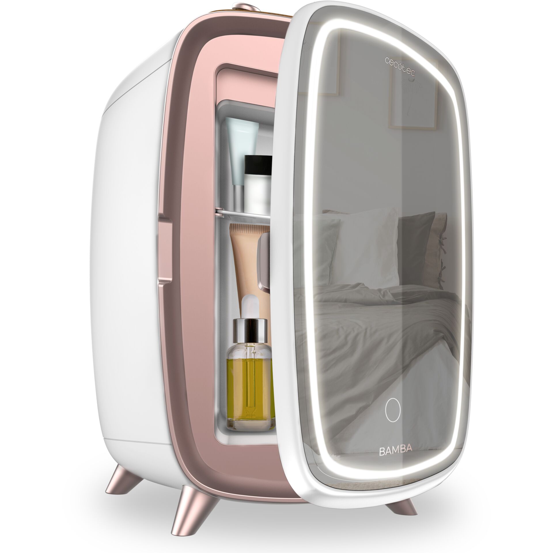 Kühlschrank, Mini-Kühlschrank, Rosa Akzente, Glasfront, LED-Licht