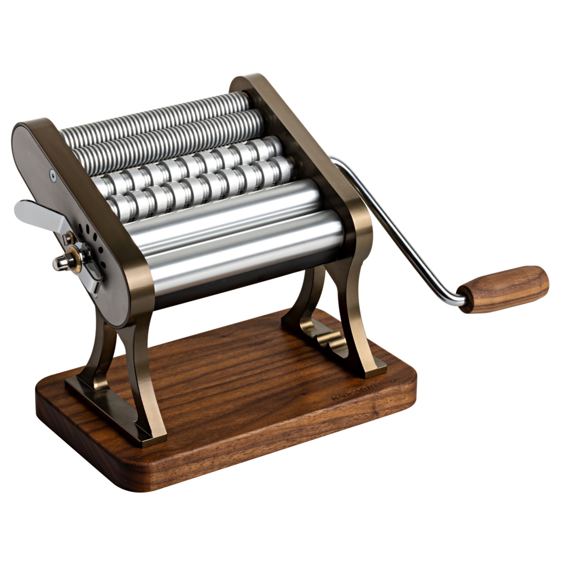 Manuelle Nudelmaschine, Nudelrolle, Holzbasis, Metallrollen, Handkurbel