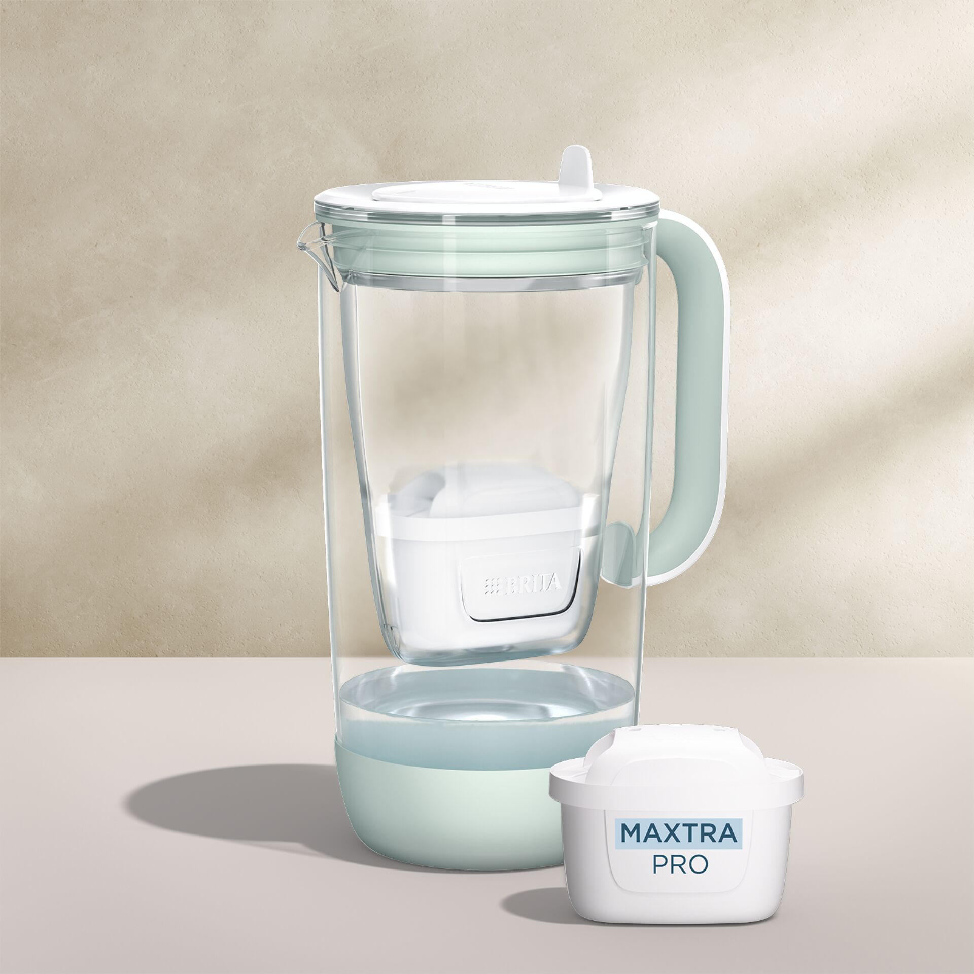 Wasserfilterkanne, Kunststoff, Transparent, Mintgrüner Griff, Filterkartusche