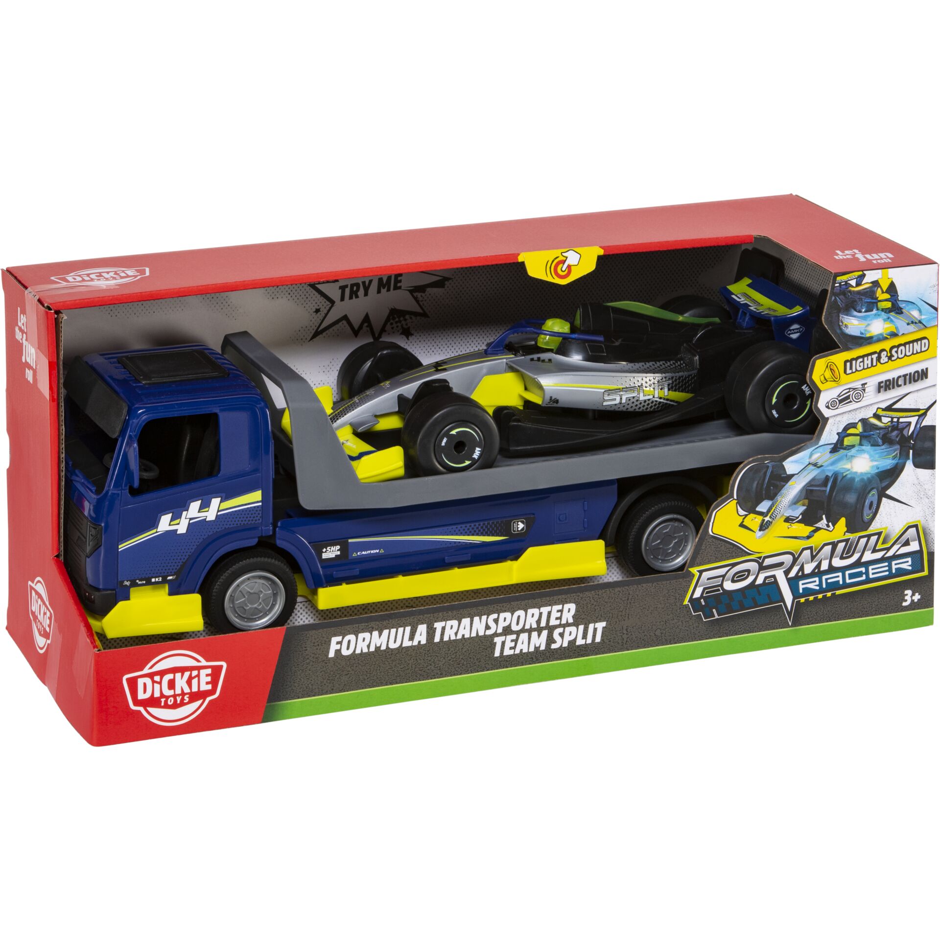 Fernsteuerungsauto, Formel 1 Truck, Transporter, Gelb-Blau, Scale-Modell