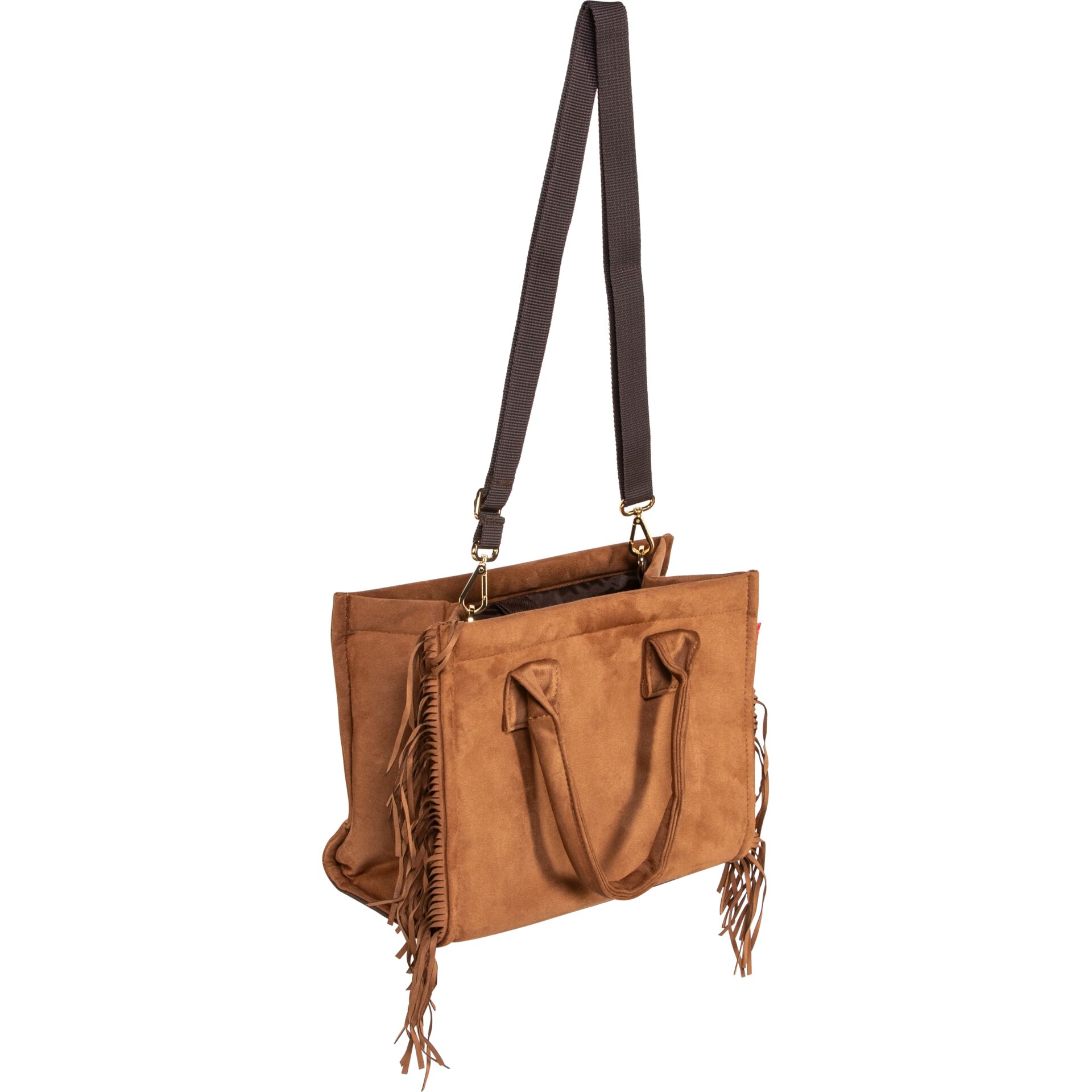 handtasche, lederlook, fransen, sepia, reissverschluss