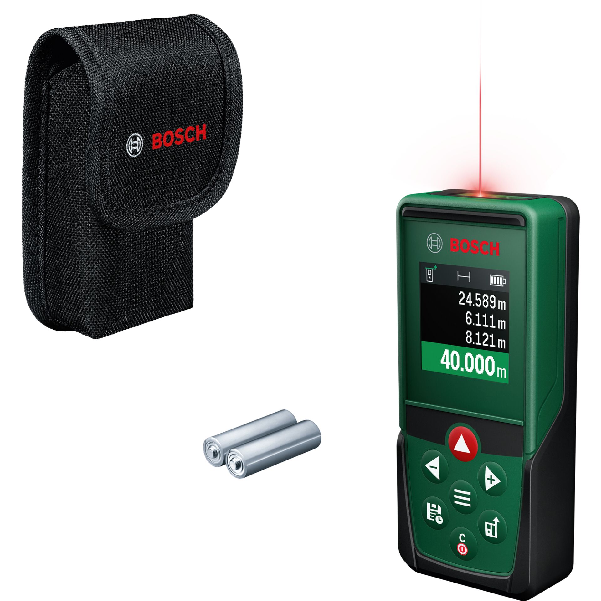 Laser-Entfernungsmesser, Messgerät, Grüner Bildschirm, Batterien, Schutztasche