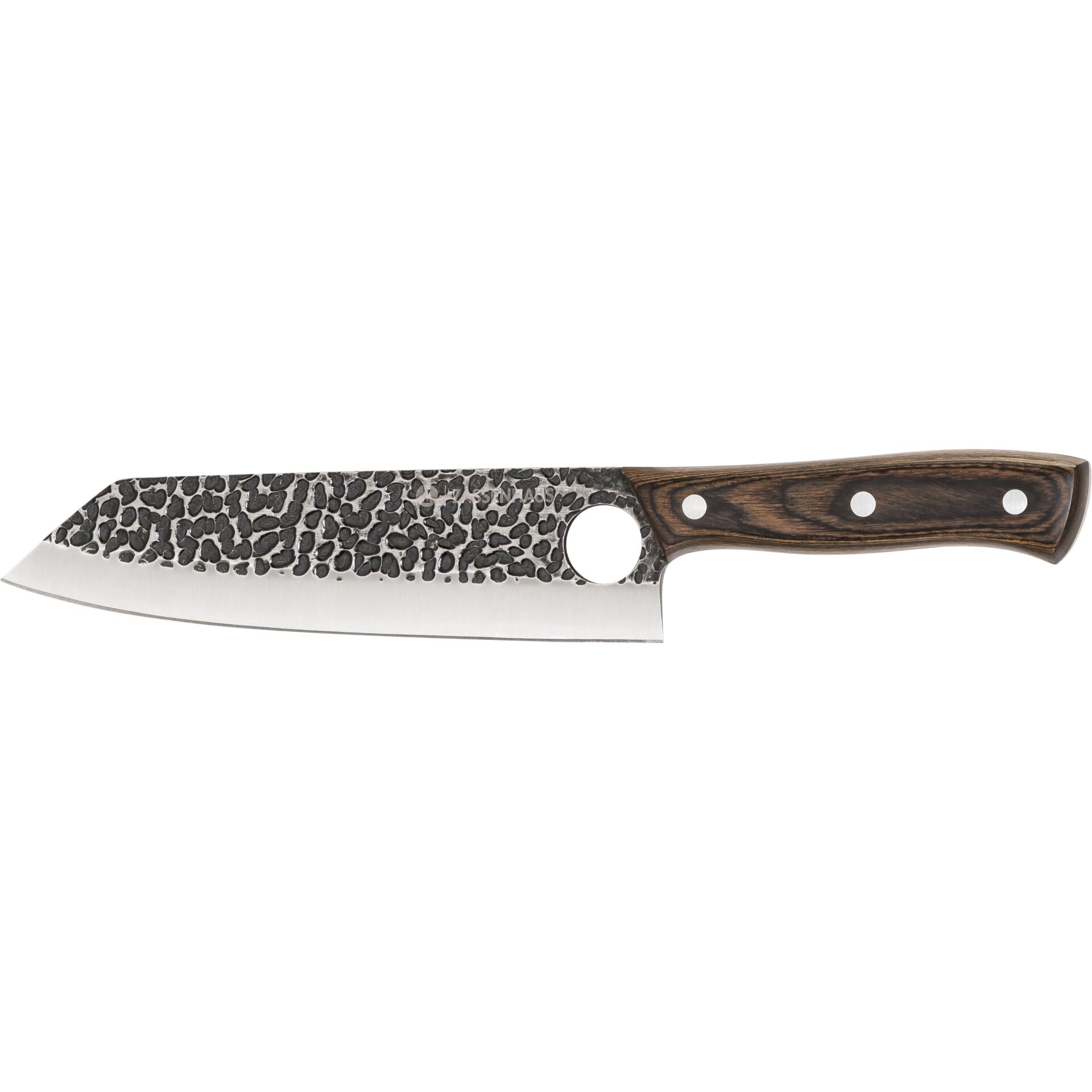 Küchenmesser, Damastoptik, Holzgriff, Vollstahl, Klinge mit Hammered-Finish
