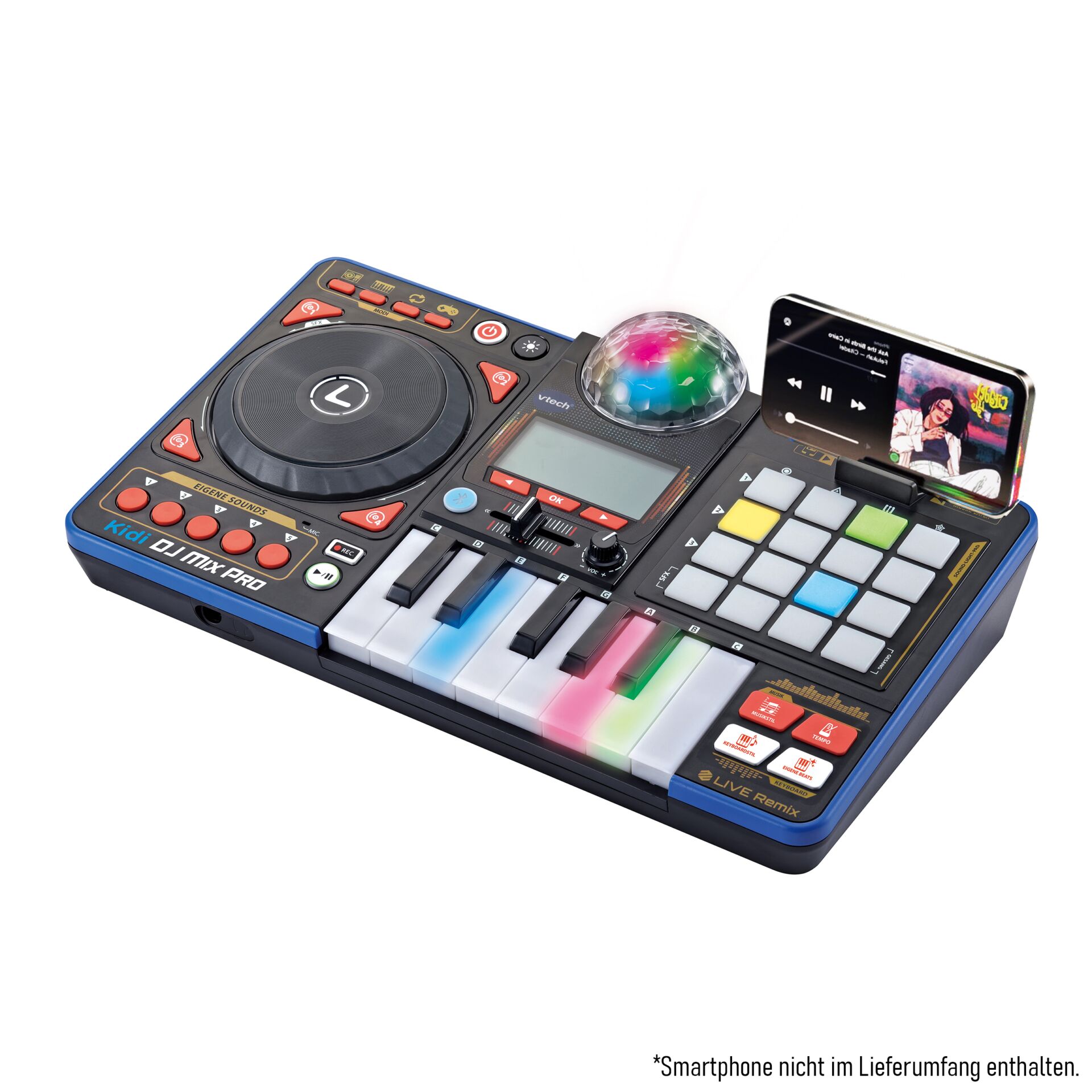 DJ-Controller, Kinder-DJ-Set, Klaviatur, bunte Pad-Sektion, Smartphone-Halterung