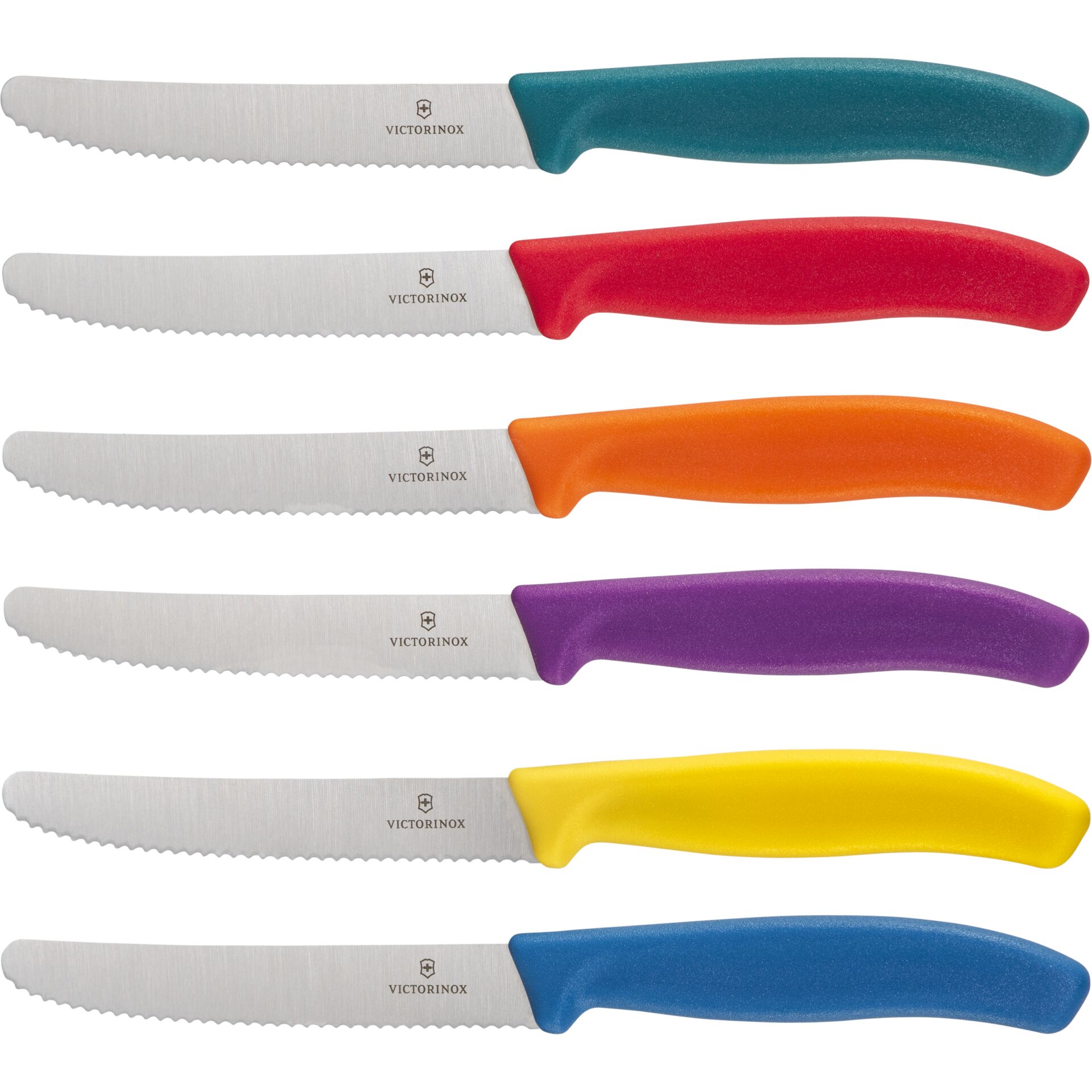 Messerm, Schälermesser, gezackte Klinge, bunter Griff, Victorinox Marke (Text)