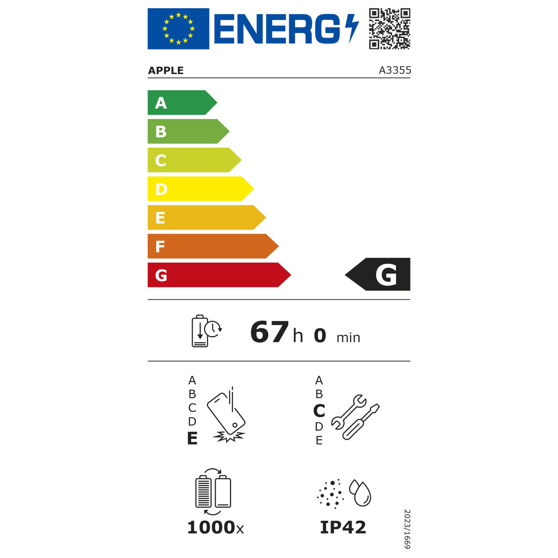 Apfel, Energielabel, Lebensdauer 67 h, Batterie 1000x, IP42
