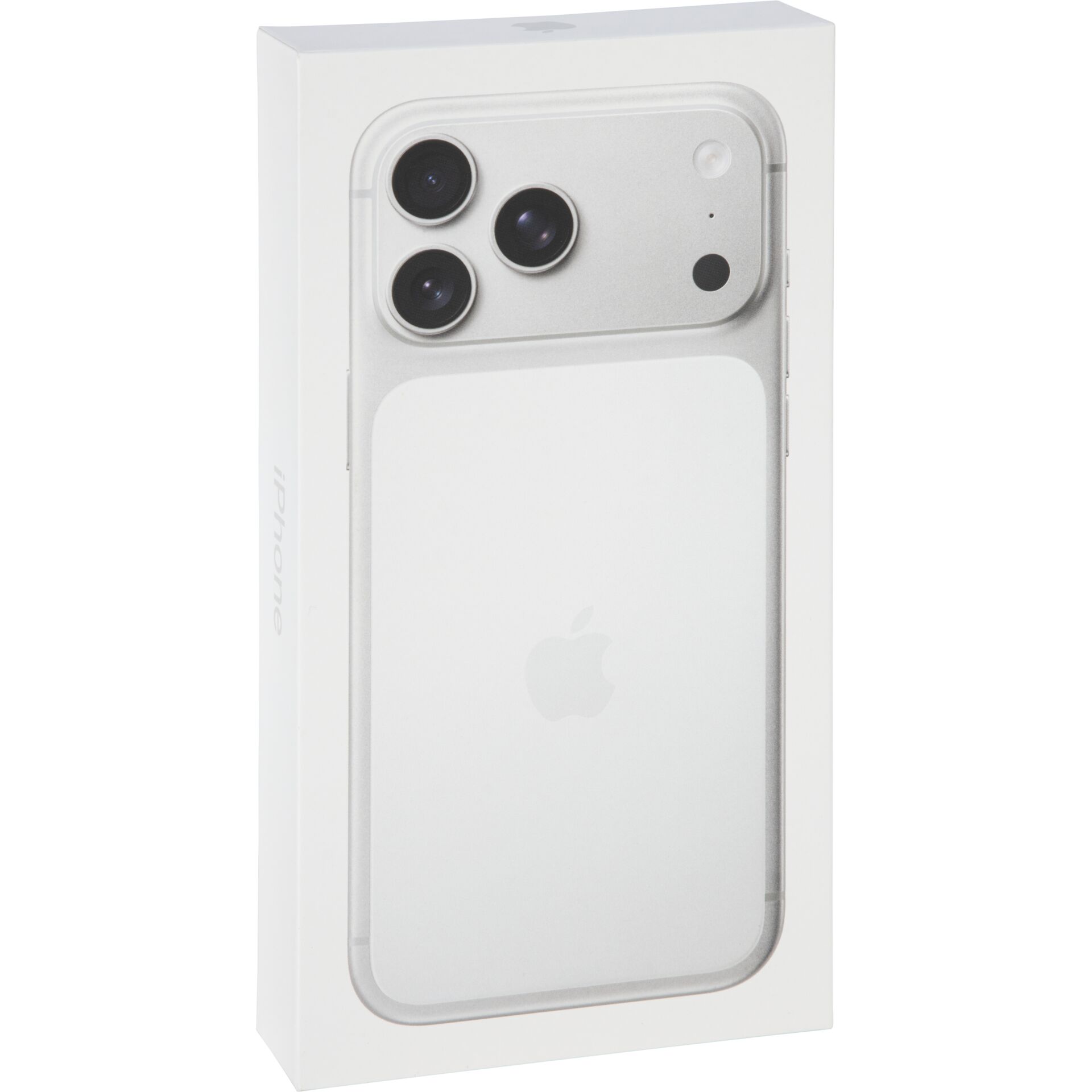 iPhone 14 Pro box, Weiße Farbe, Dreifachkamera, Rückseite des Telefons, Apple-Logo