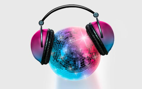 disco ball, kopfhörer, glühen, bunt, musikzubehör