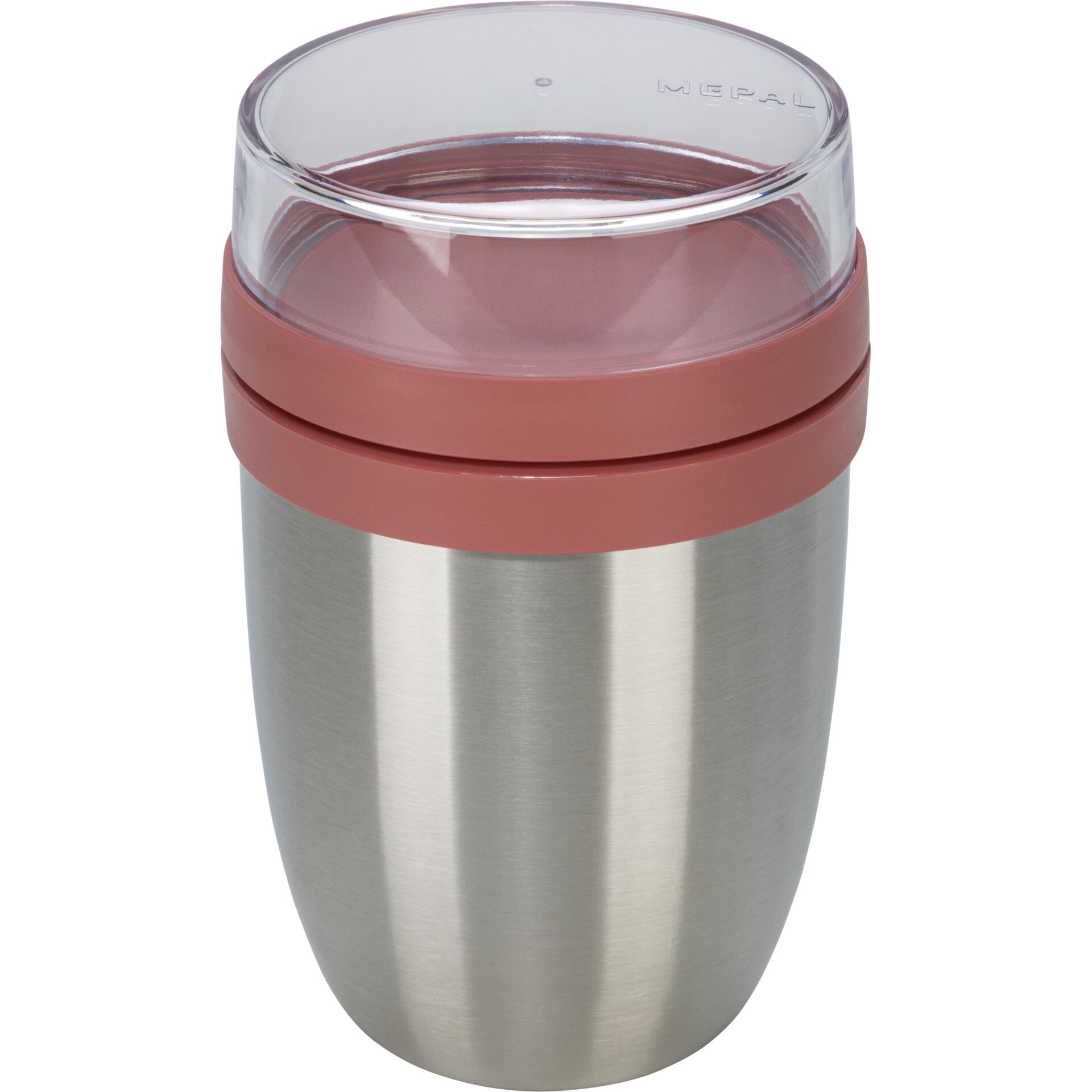 Reisebecher, Edelstahl, pinkes Deckel, isoliert, Becher