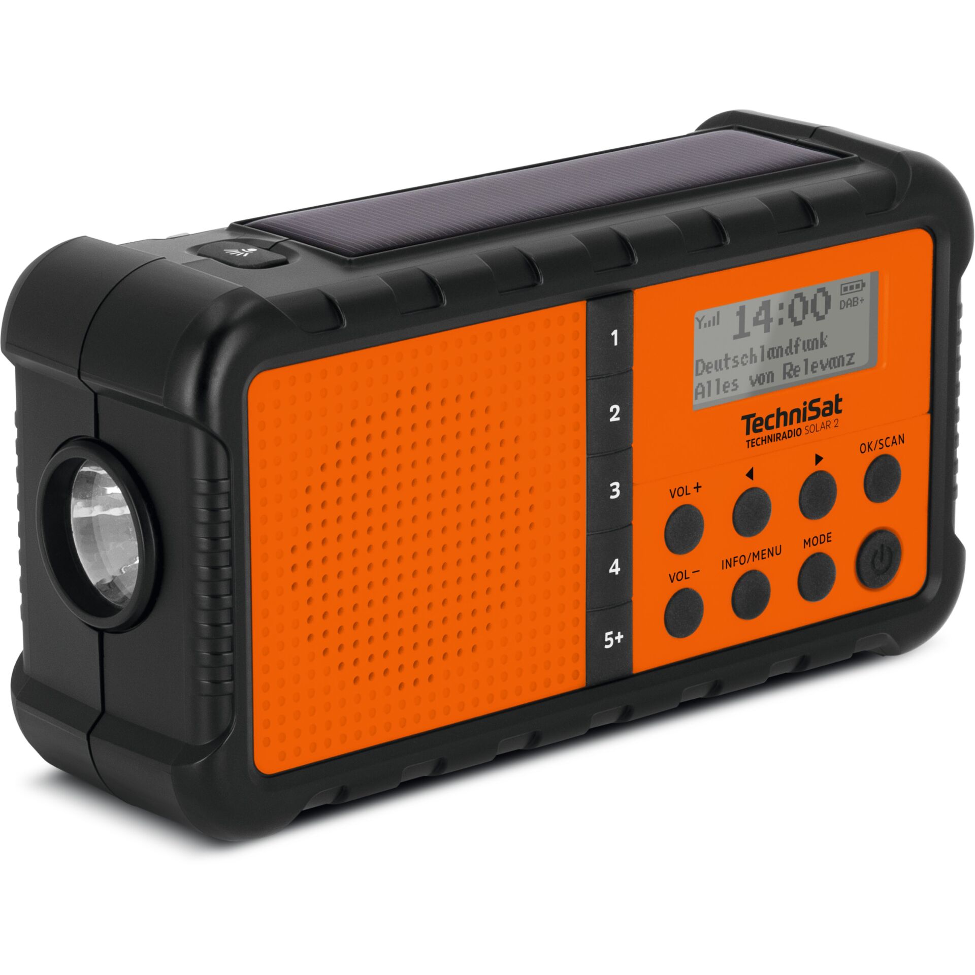 Tragbares Radio, Solarbetrieb, Orangene Front, LED Display, Klemmrand?