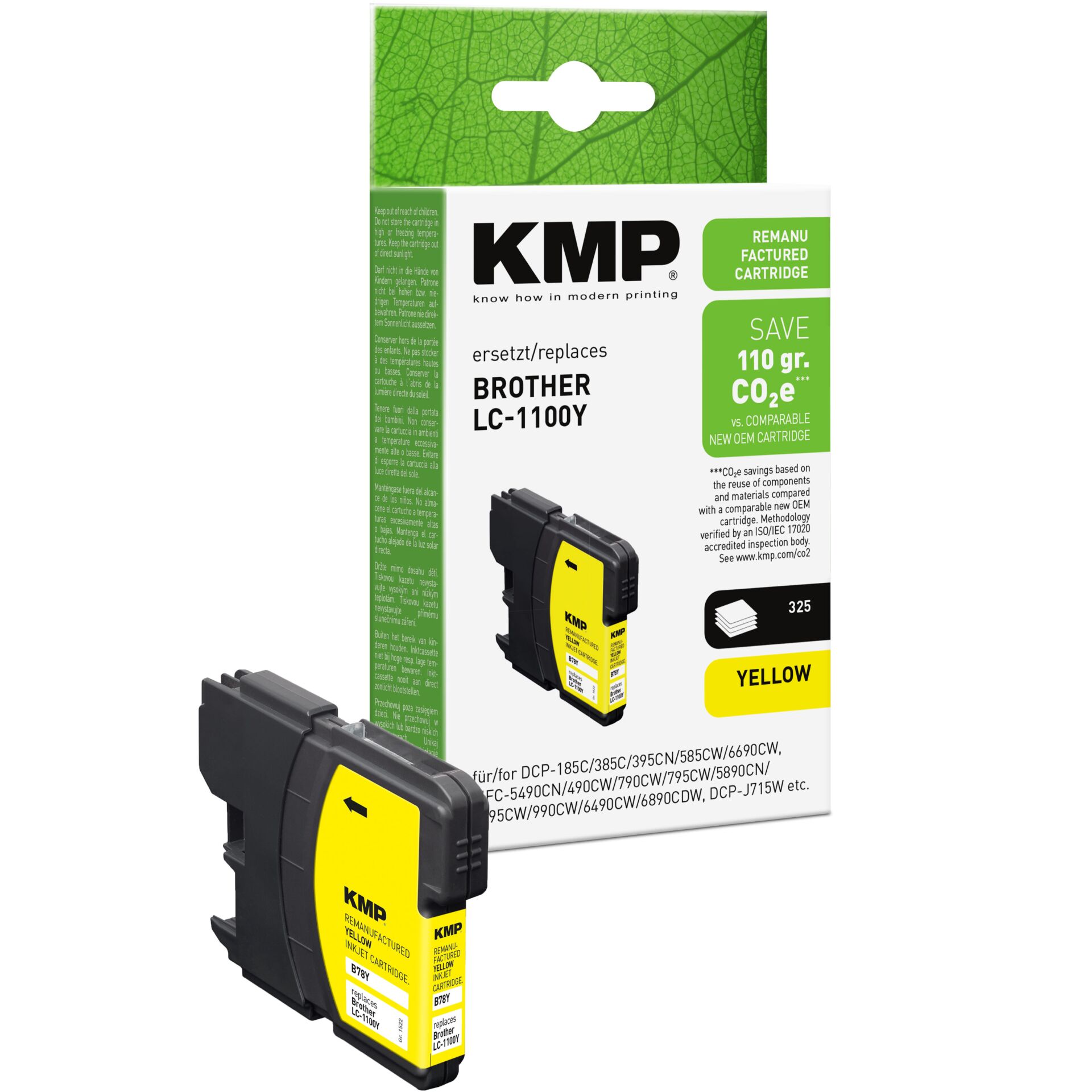 Adapter, Elektronik, QR Code, KMP Tintenpatrone, Gelb, CO2-freundlich, Brother LC-1100Y, Ersatzpatrone