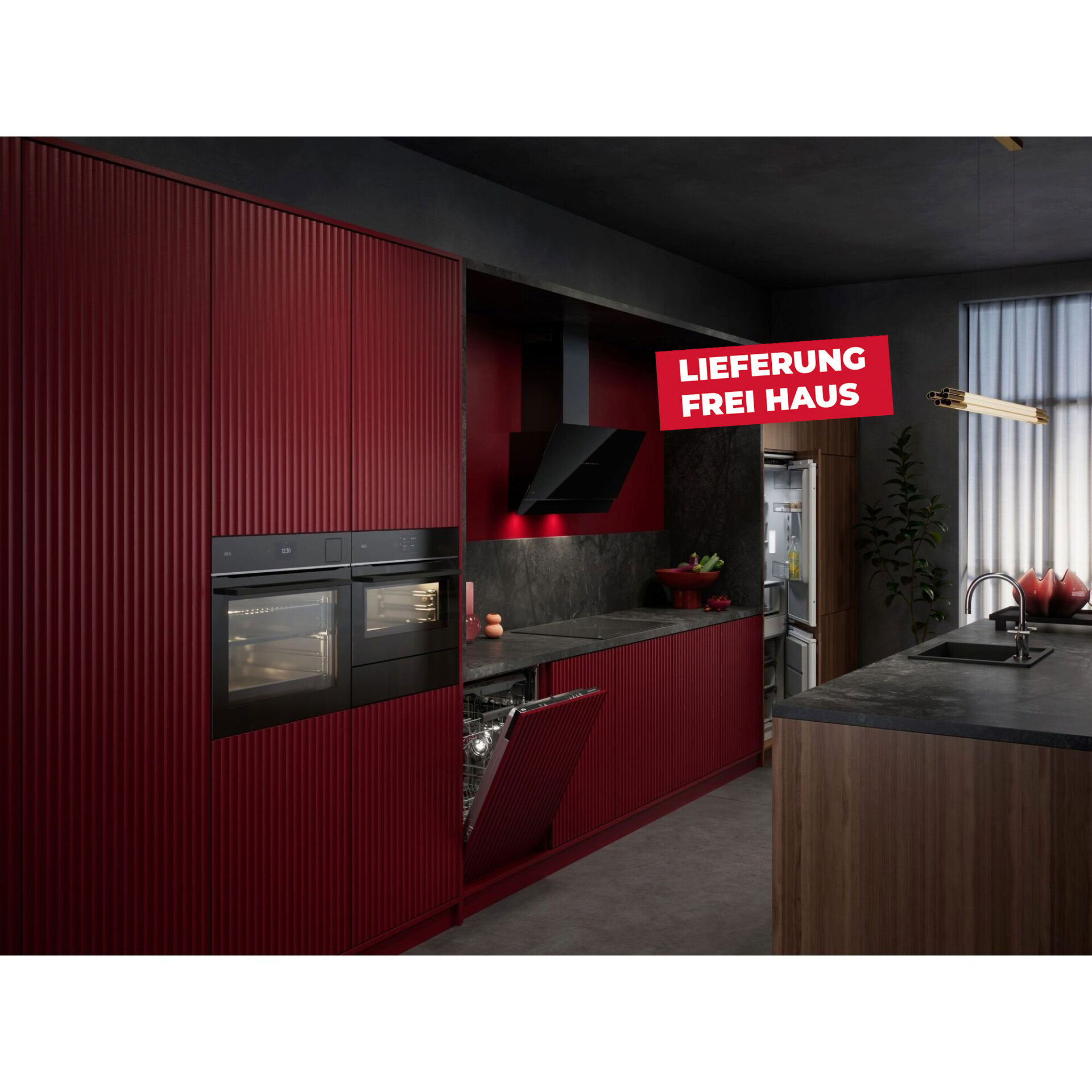 Küchenwand, rote Schränke, Einbaugeräte, Backofen, Geschirrspüler