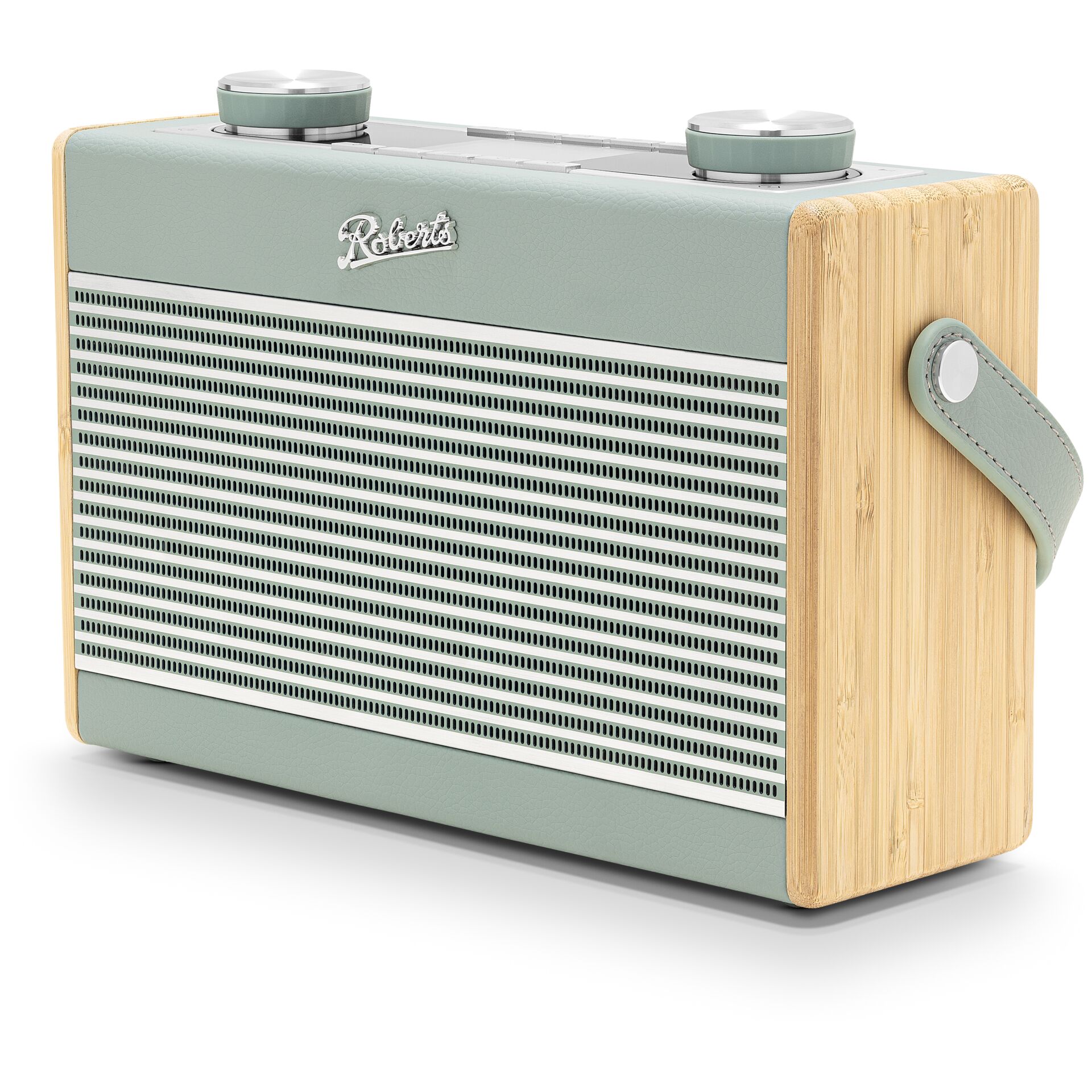 Bluetooth-Lautsprecher, tragbarer Lautsprecher, holzimitat, grün-grau, Ledergriff