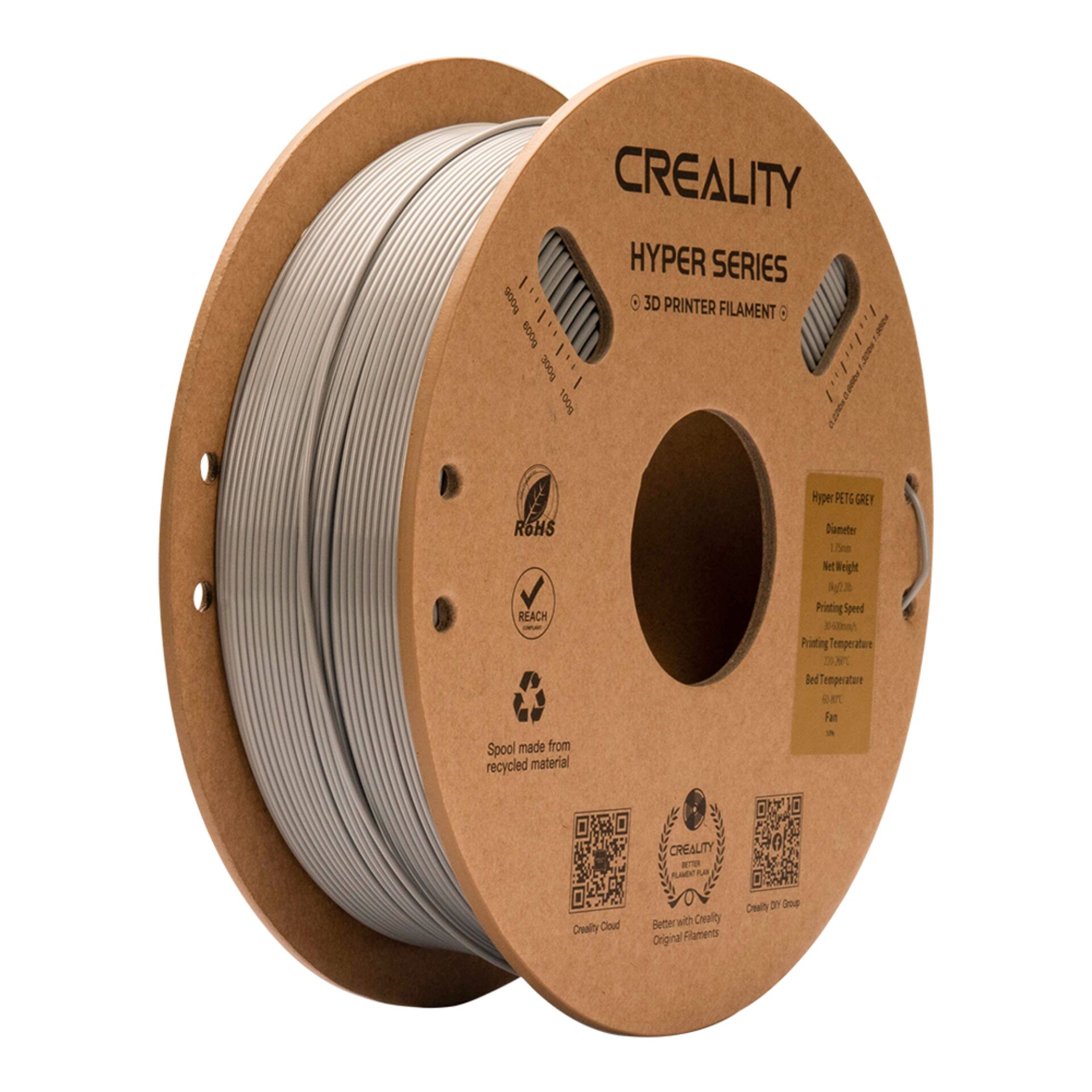 3D printing filament, PETG filament, recycled material, gray translucent, spool, 3D-Druck-Filament, PLA, Spule, Grau, Hyper-Serie