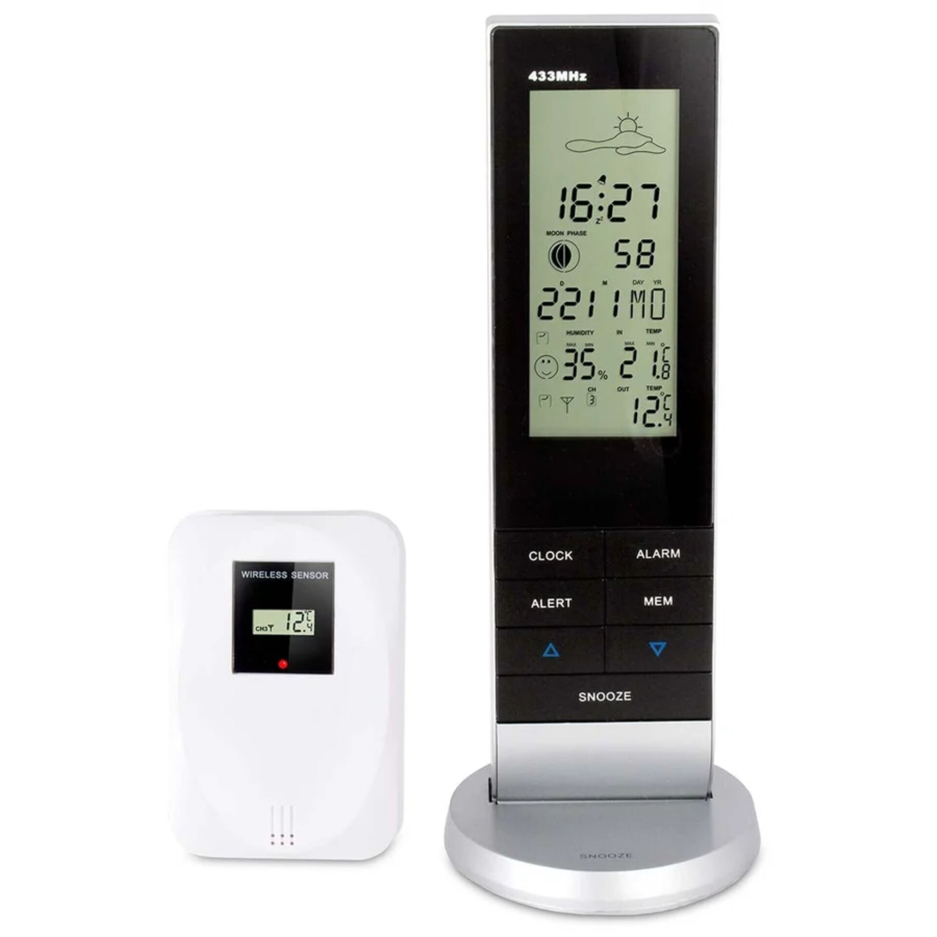 digitaluhr, wecker, drahtloser sensor, LCD-Display, stativ