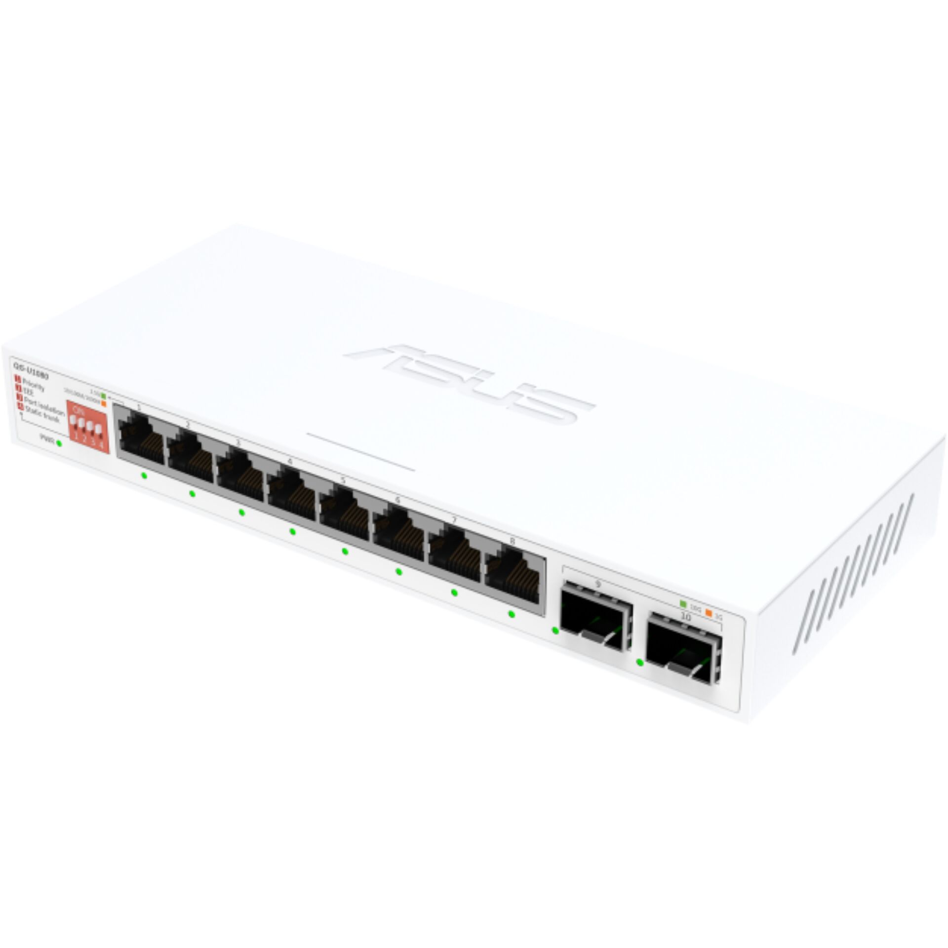 Netzwerk-Switch, 8 Ethernet-Ports, 2 SFP-Ports, weißes Gehäuse, Metallgehäuse