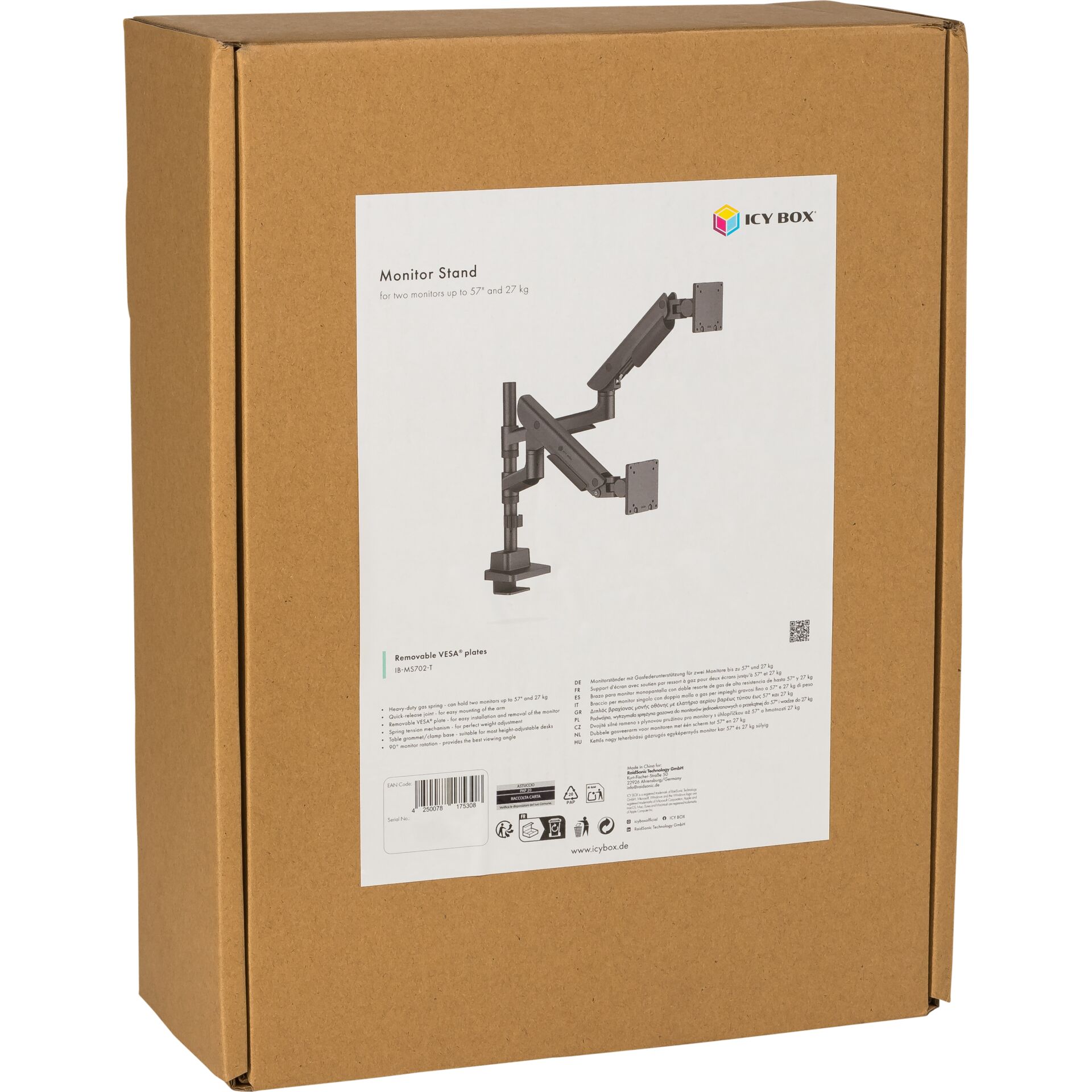 Monitorständer, Doppelarm, VESA-Platten, Metall, Verpackungskarton