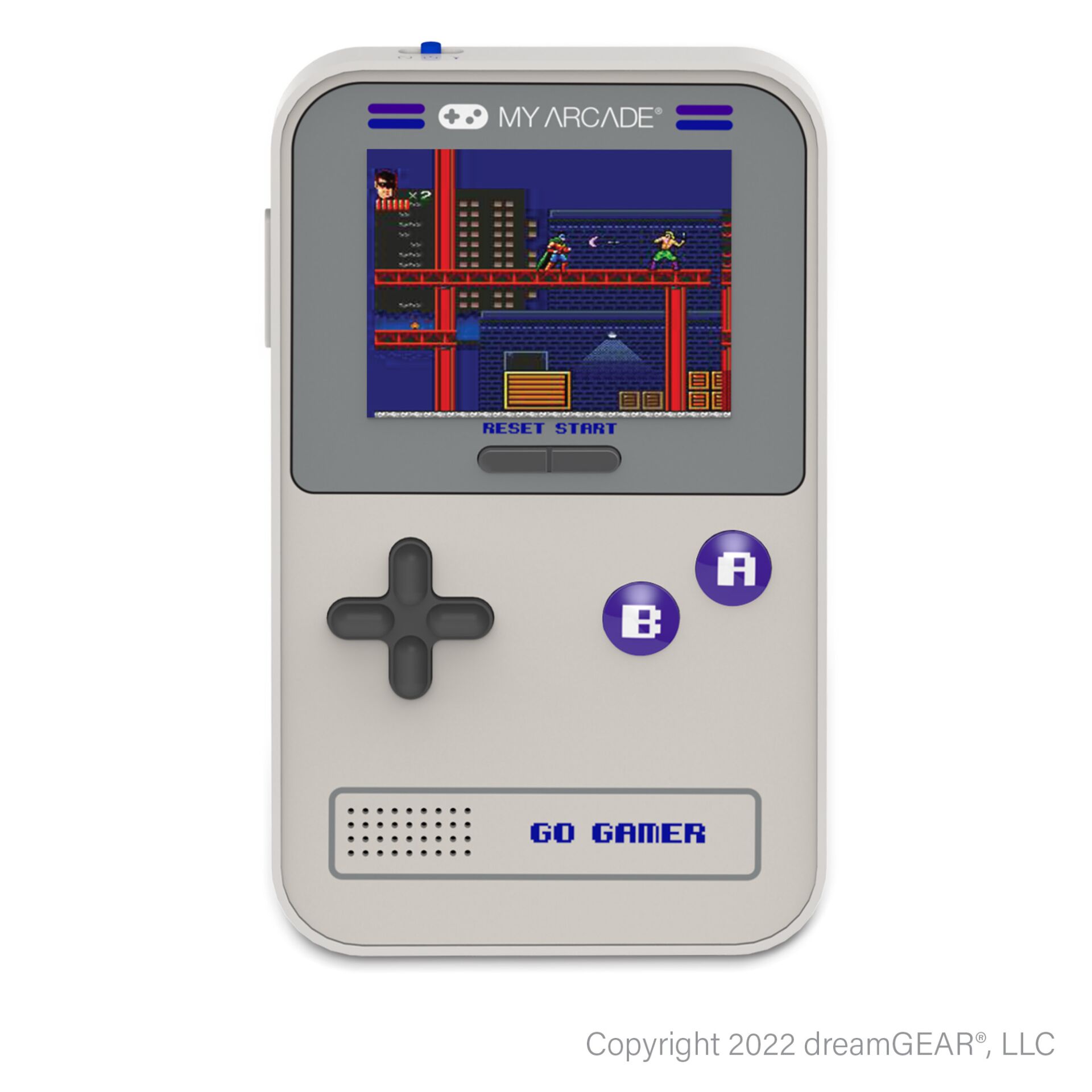 handheld gaming, retro Konsole, Bildschirm Spiel, lila Tasten, Go Gamer