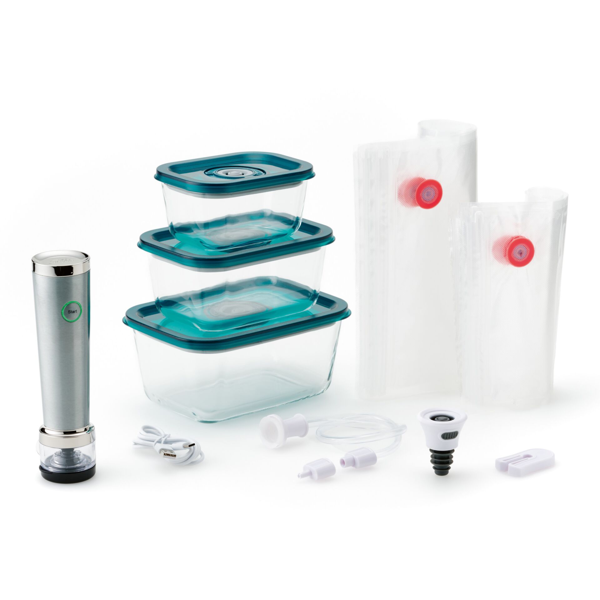 Lunchbox, Glasbehälter, Teal Deckel, Mixer, Vakuumbeutel