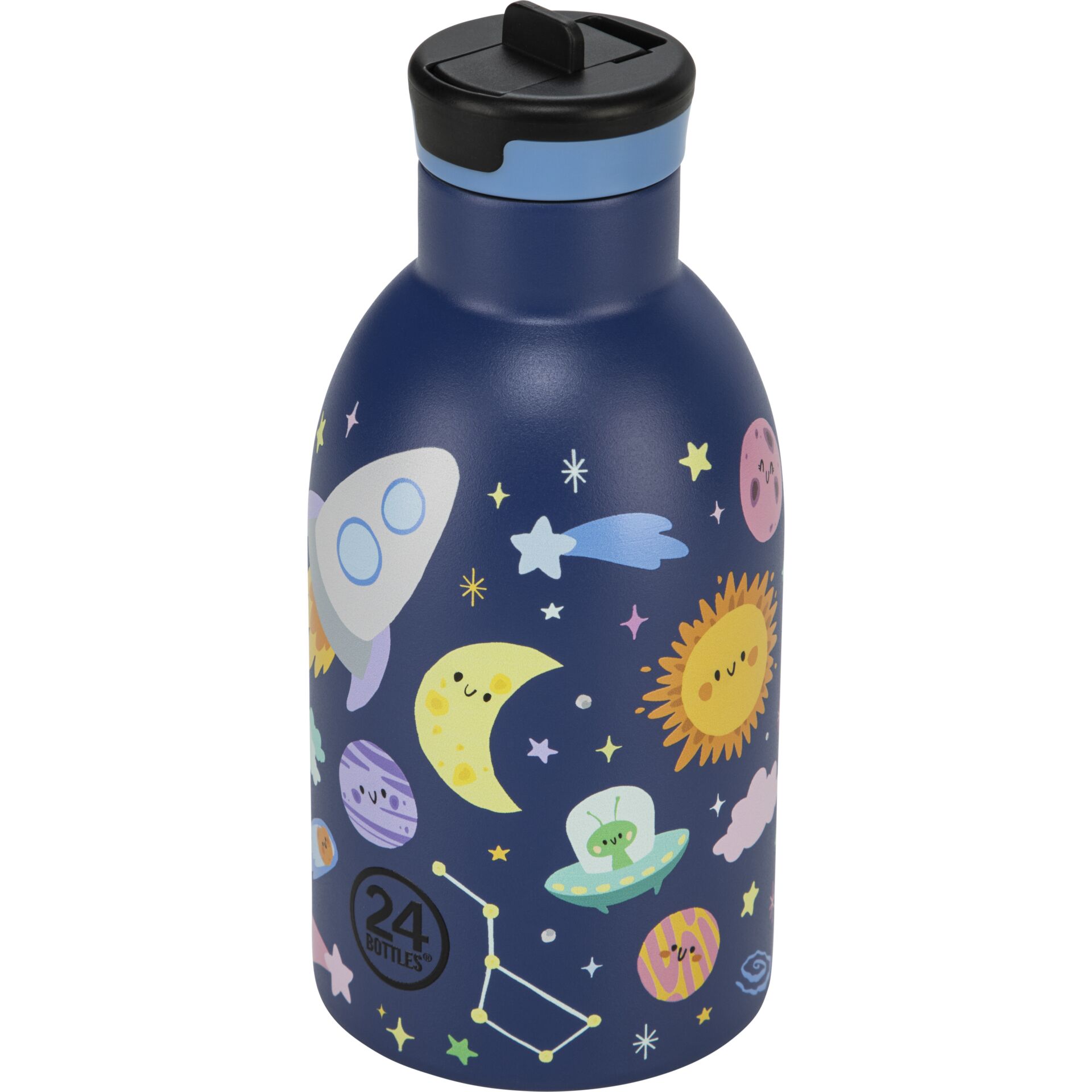 Wasserflasche, Trinkflasche, Weltraum Muster, Planetensymbole, Helm-Deckel