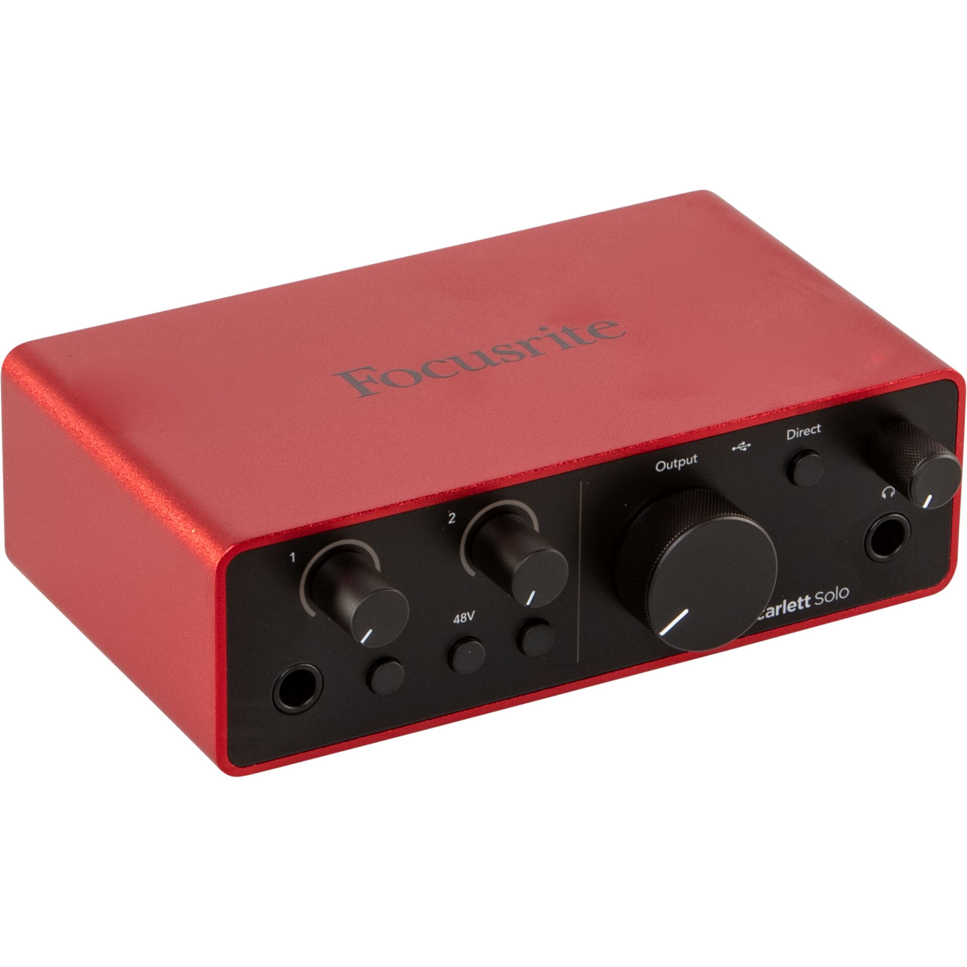audio-Interface, Focusrite, rotes Metallgehäuse, Frontplattenknöpfe, Studio-Equipment