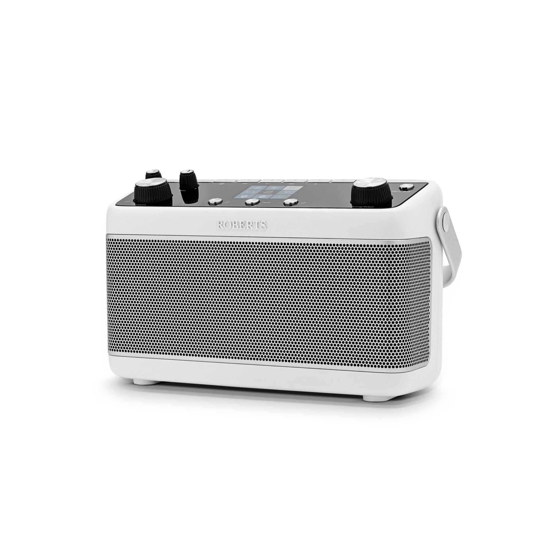 Bluetooth-Lautsprecher, tragbarer Lautsprecher, weißer Lautsprecher, Frontgitter aus Metall, Bedienknöpfe