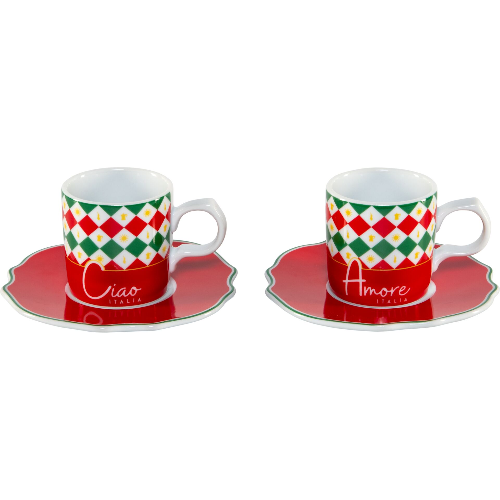 Kaffee-Tasse, Tassen-Set, rot-grün Muster, Porzellan, Italienisches Design