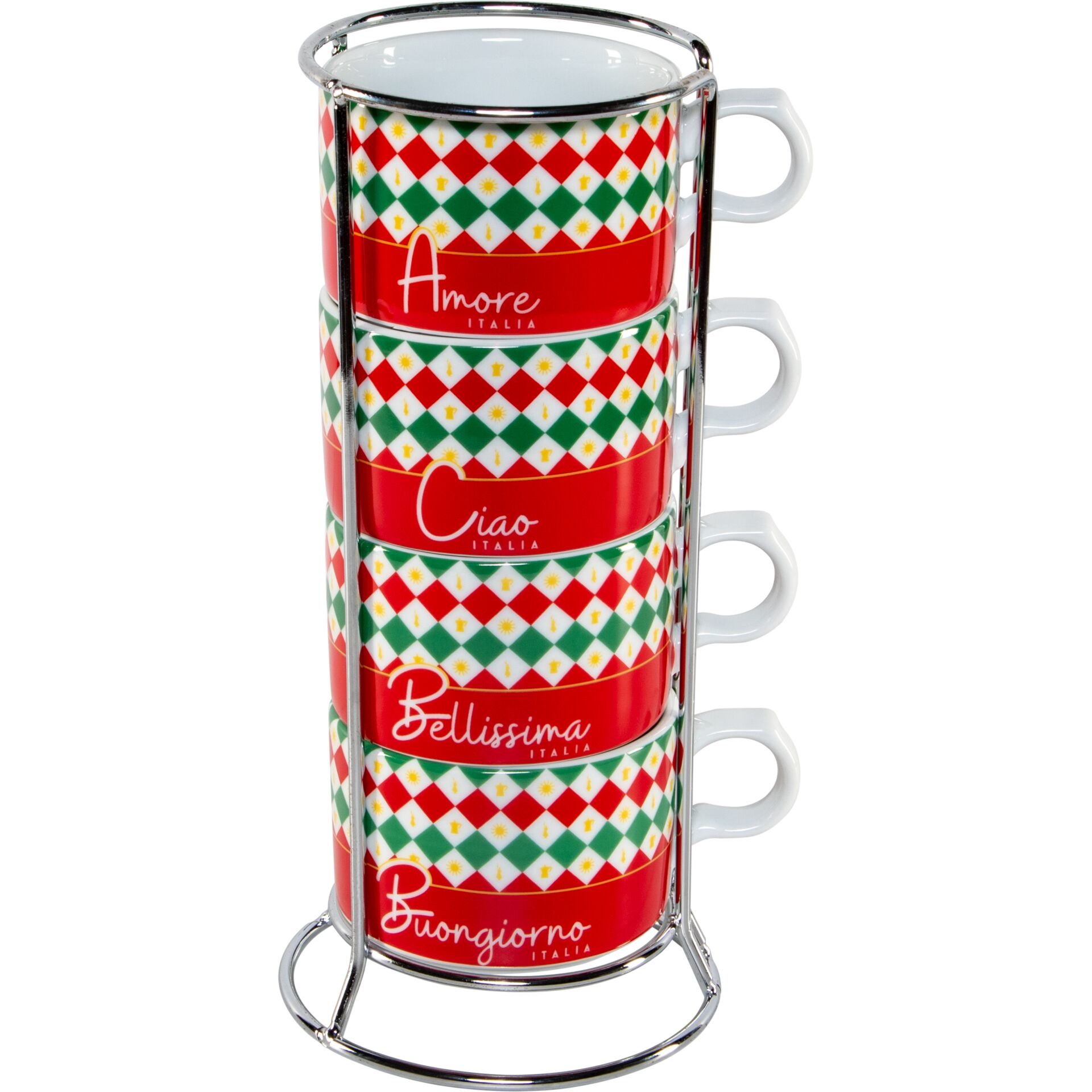 Espresso-Tassen, Stapelbare Becher, Mehrfarbiges Muster, Harlequin-Design, Italien-Text