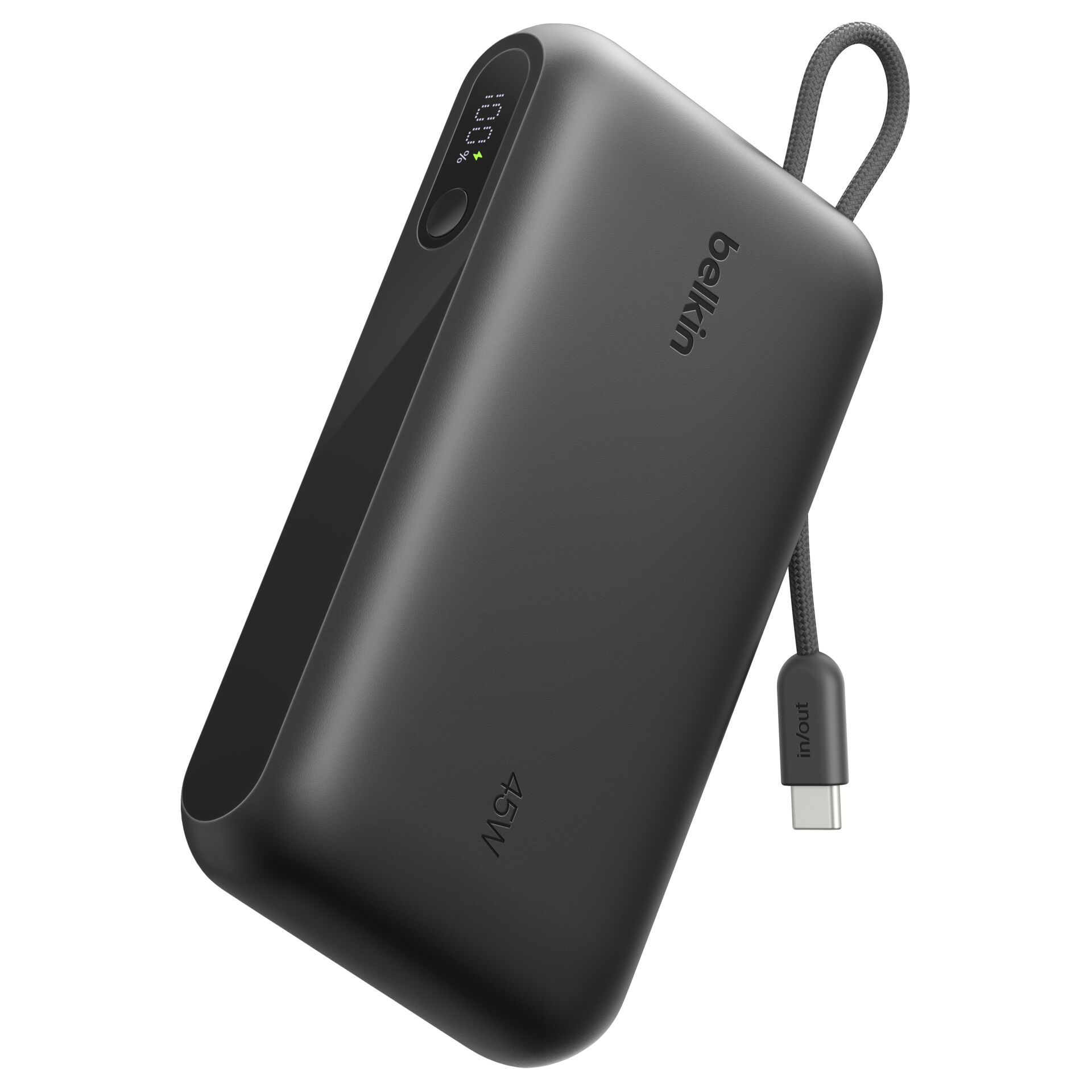 Powerbank, USB-C, LCD display, dunkelgrau, Schlaufenriemen