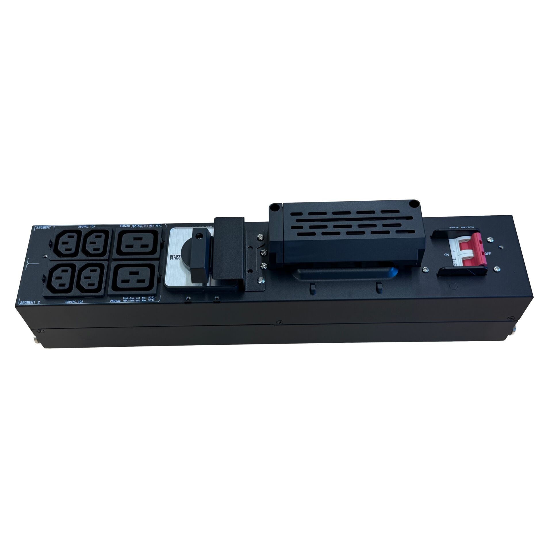 USV-Stromverteilung, Rack-Stromverteiler, Bypass-Schalter, IEC-Steckdosen, schwarzes Metallgehäuse