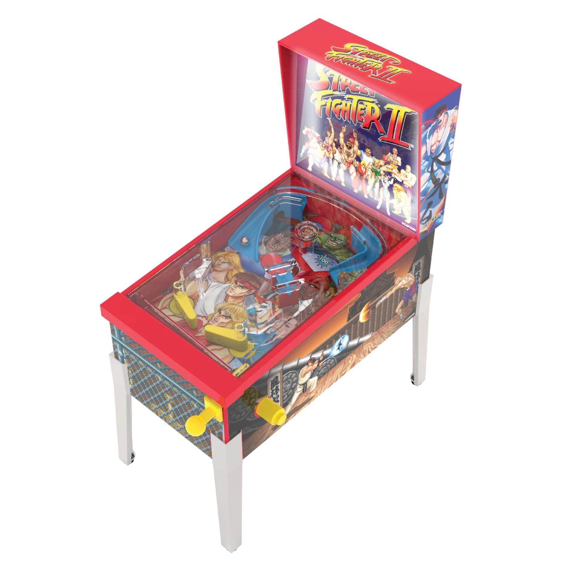 Pinball-Tisch, Arcade-Spiel, Street Fighter II, rote Spieloberfläche, Figurenauflage