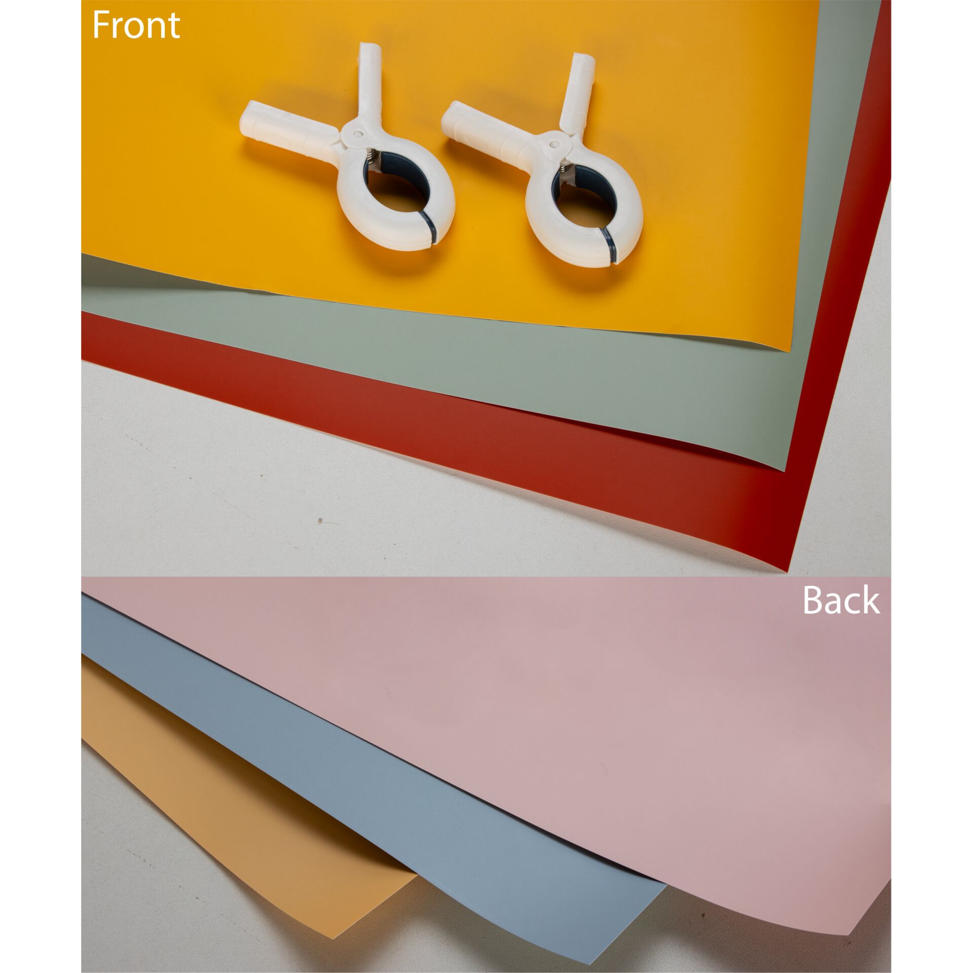 Farben, Palette, Mehrfarbig, Farbenliste, Textschrift, Klemmen, Rohrklemmen, Kunststoffklemmen, weiße Klemmen, Vorder-/Rückseite Poster