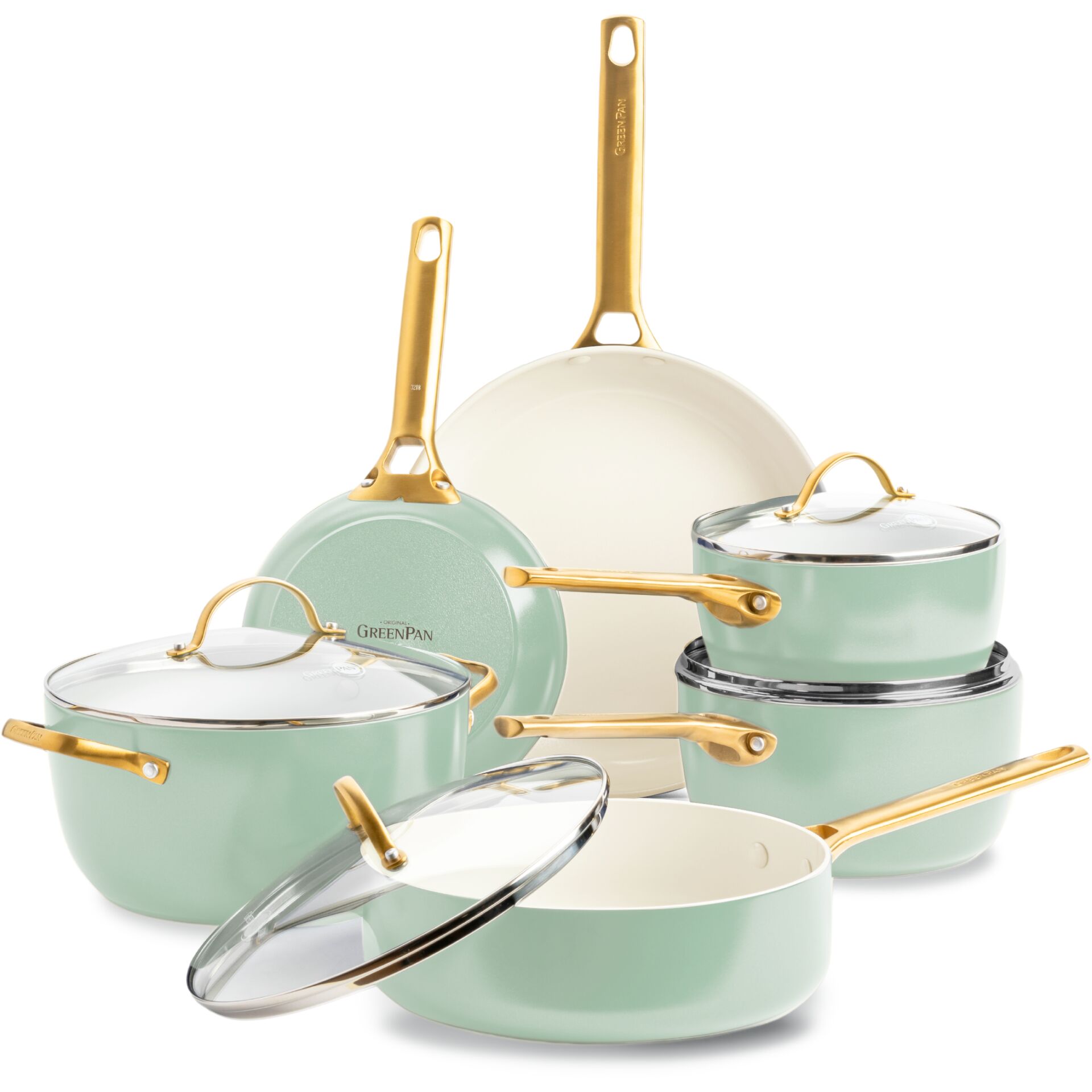 Kochtopf-Set, Pfannen-Set, Grüner Topf, Glasdeckel, Goldene Griffe
