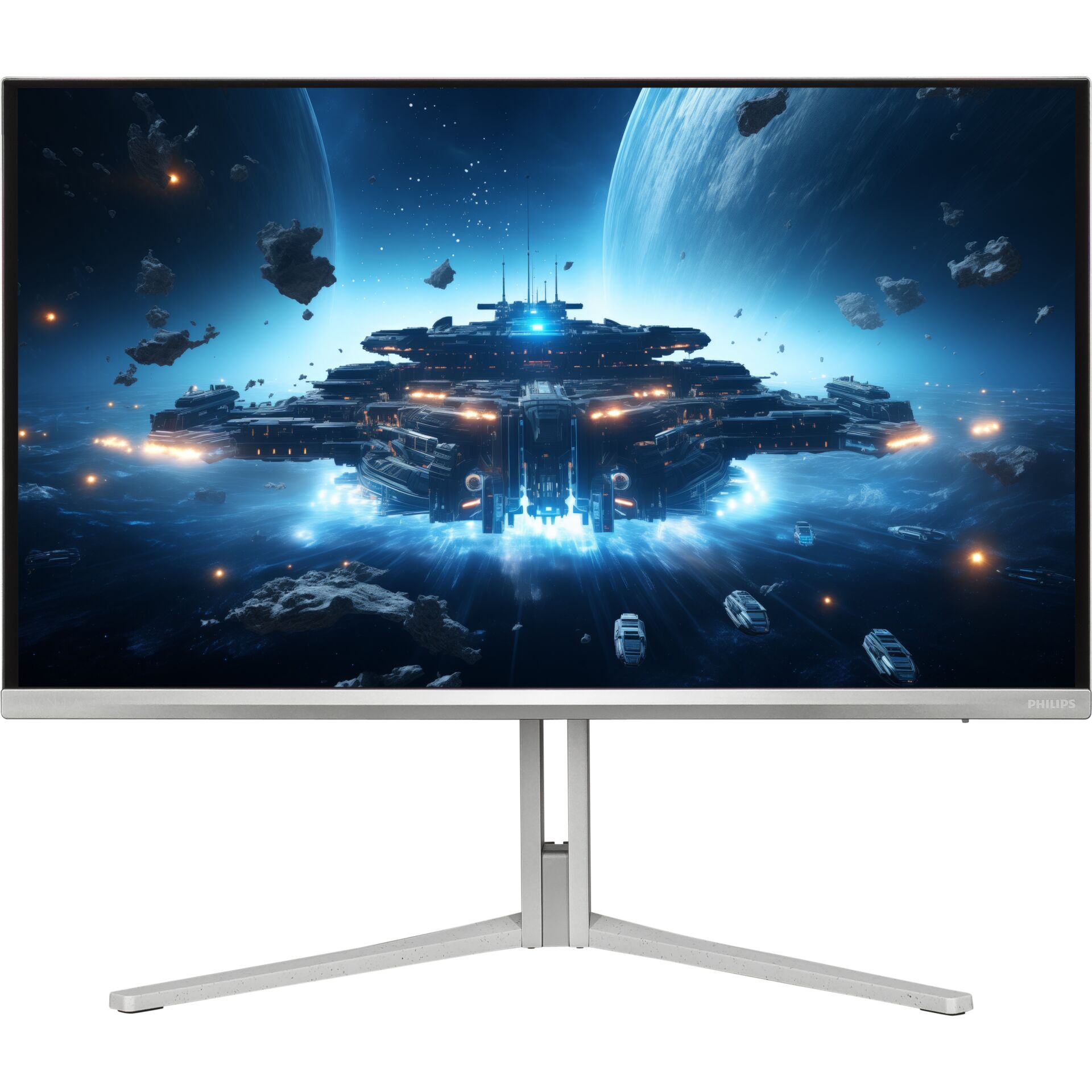 gaming monitor, ultra-wide, spaceship scene, silberner ständer, LED-glas