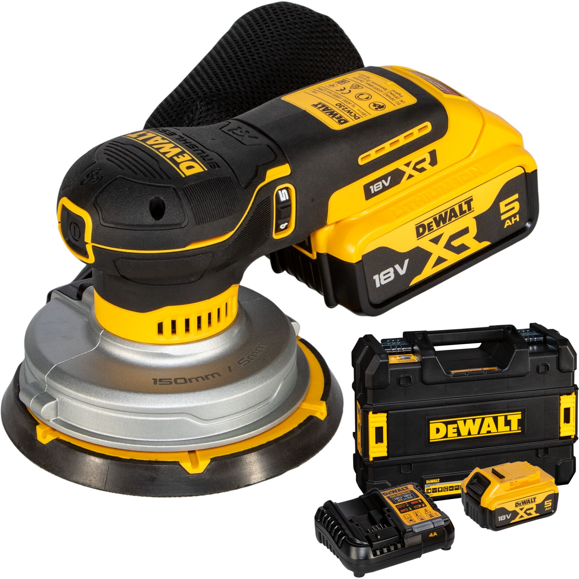 Akku-Exzenter, Schleifer, Koffer Set, 18V, DeWalt, Exzenterschleifer, Akkubetrieben, 18 Volt, 5-Ah-Akku, Transportkoffer