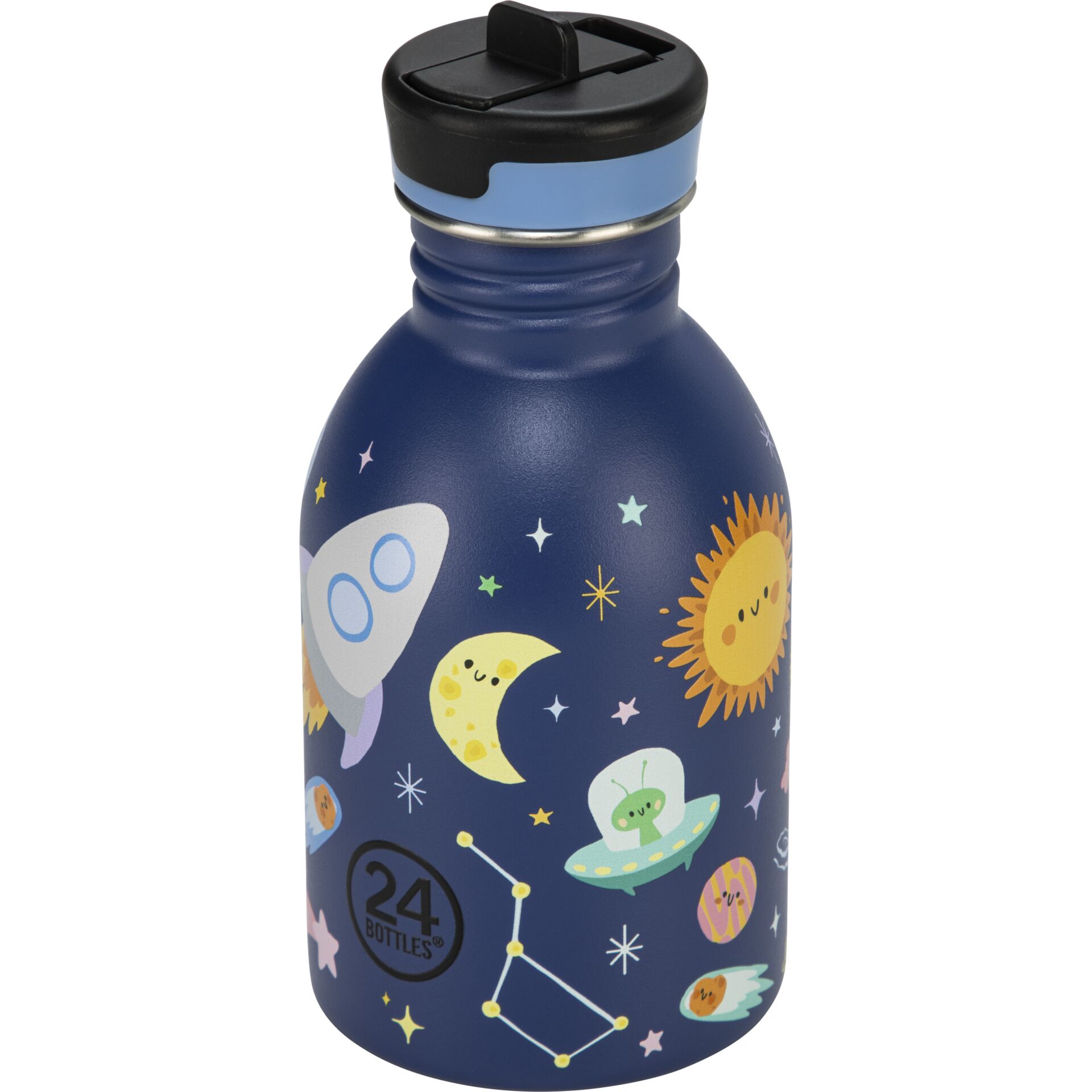 Kindertrinkflasche, Aluminium/BPA-frei, Space-Design, Trinkflasche blau, Schraubverschluss