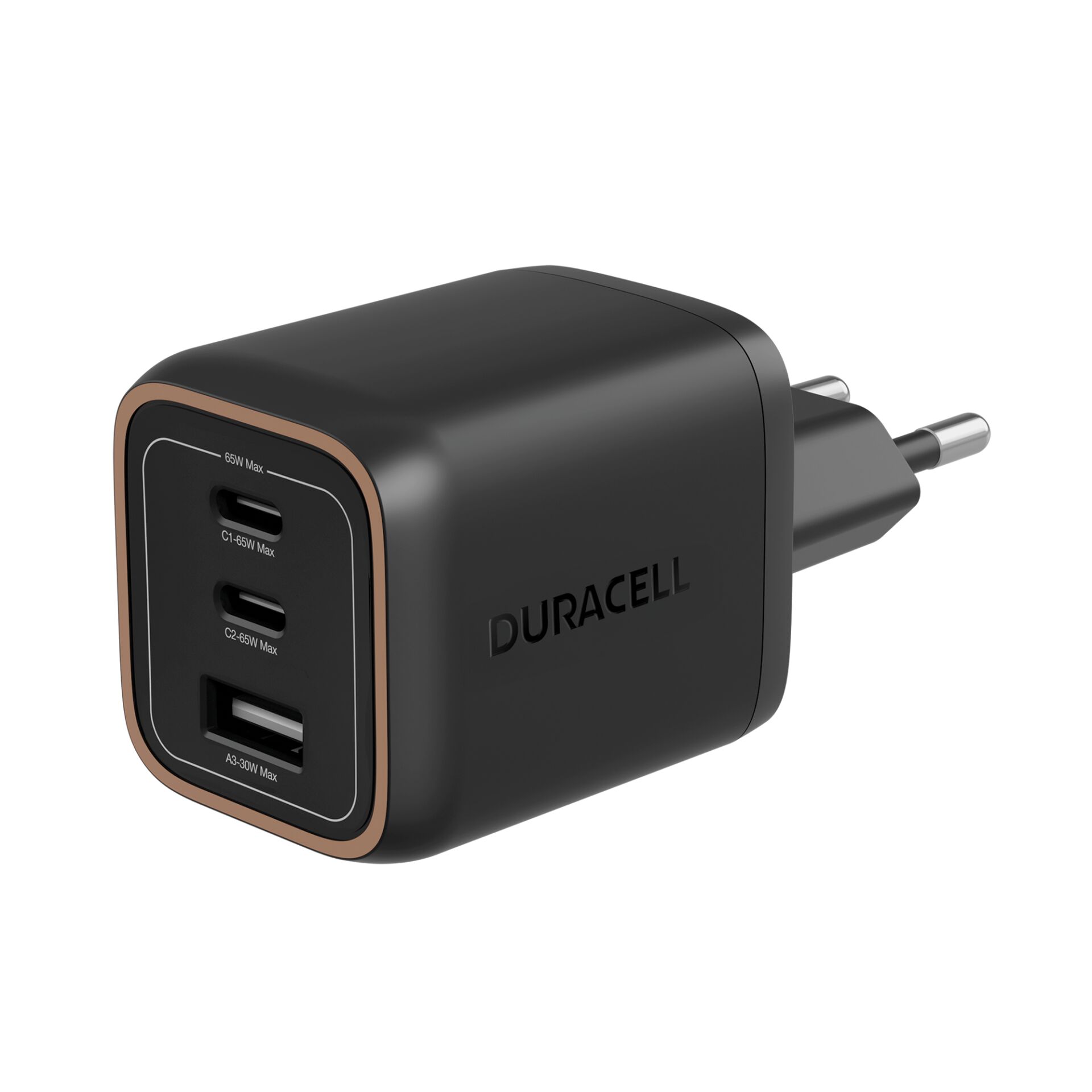 USB-Ladegerät, USB-C-Anschlüsse, USB-A-Anschluss, 65-Watt-Ladeleistung, Schwarz