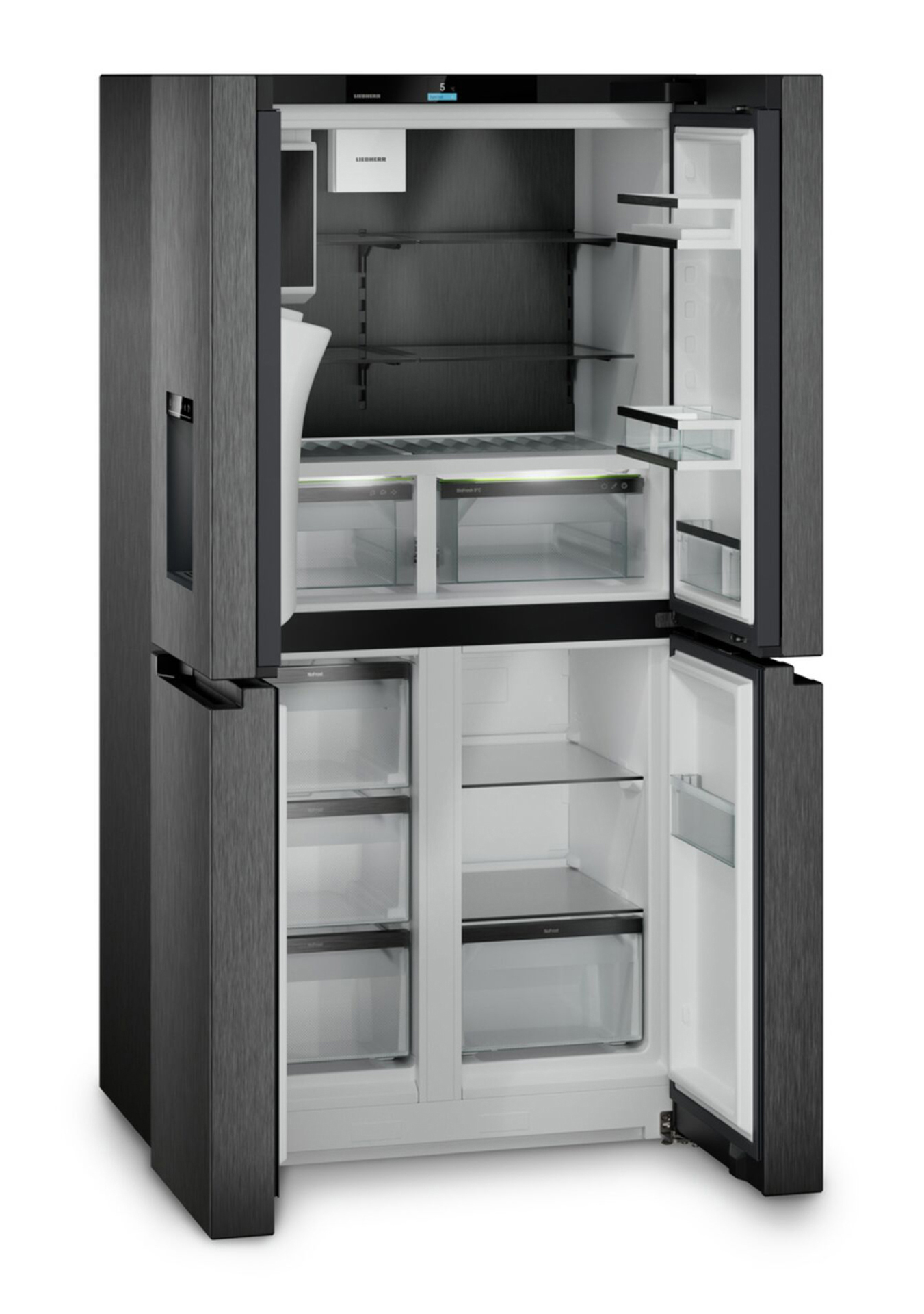 Kühl-Gefrier-Kombination, Einbaukühlschrank, No-Frost, Schwarz-Edelstahl, Weißglasregal