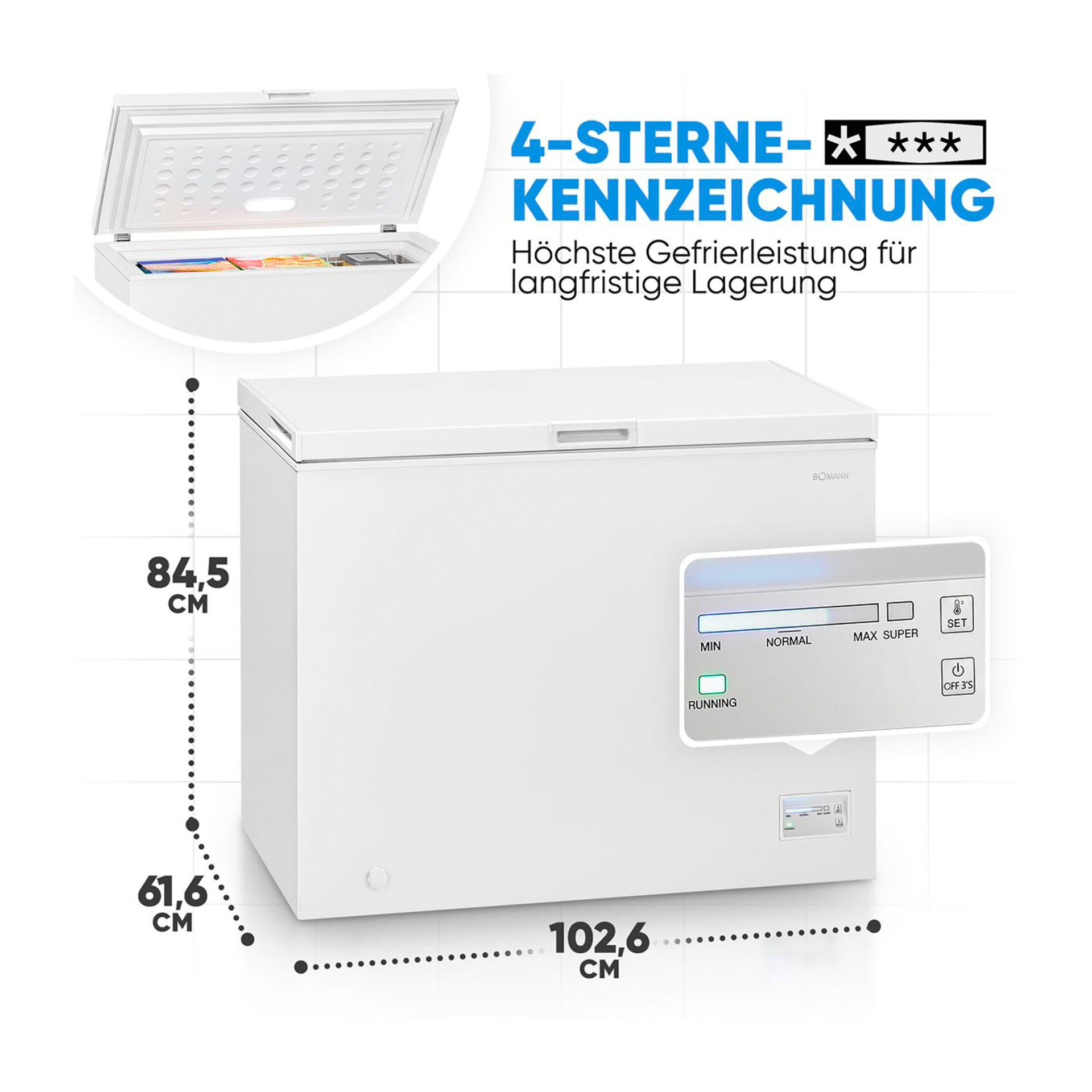 Gefrierschrank, Gefriertruhe, Höhe, Maße 84,5 cm, innenfach
