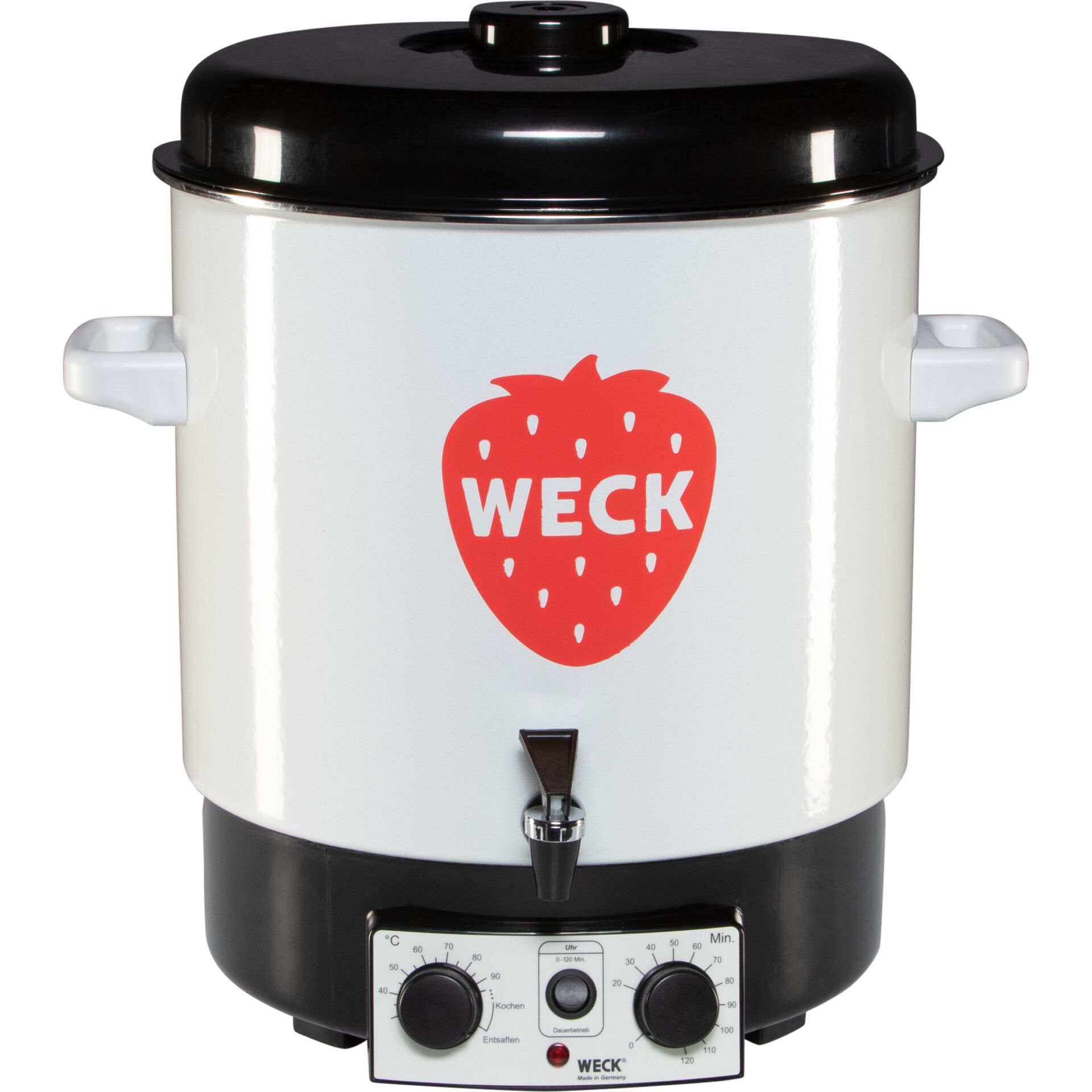 Schnellkocher, Heißwasserbehälter, Frucht-Design?, Erdbeeren-Aufdruck, Weck, electricer Warmhalter, Erdbeere Logo, weißer Körper, schwarzer Deckel, Ausgusstülle