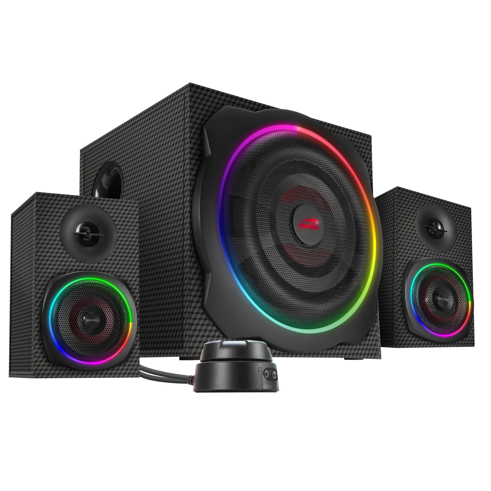 2.1 Lautsprecher-System, RGB-Beleuchtung, Gaming-Lautsprecher, Holzoptik Gehäuse, kabelloser Subwoofer