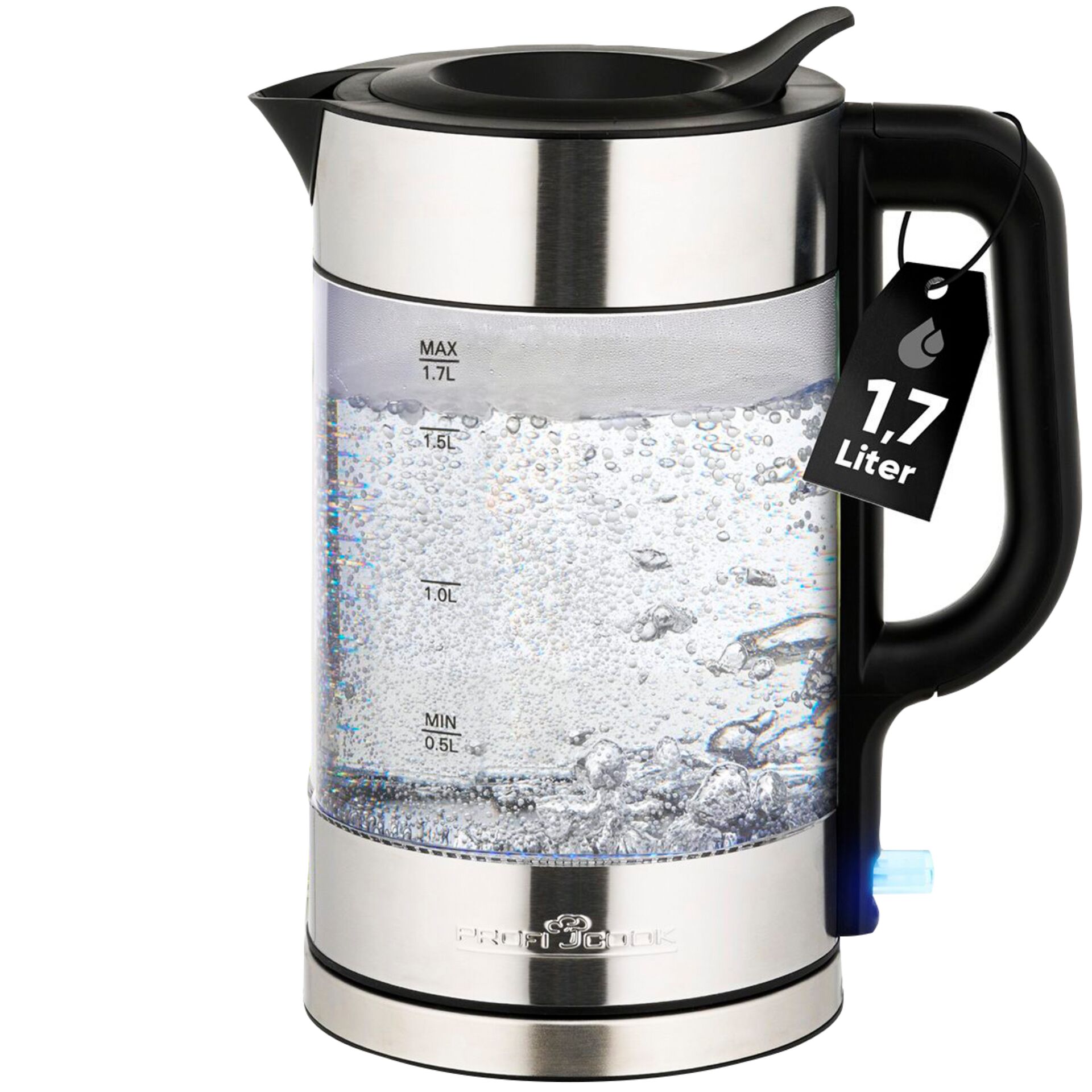 Wasserkocher, Kochendes Wasser, Glasbehälter, Sieblose Anzeige, 1,7 Liter