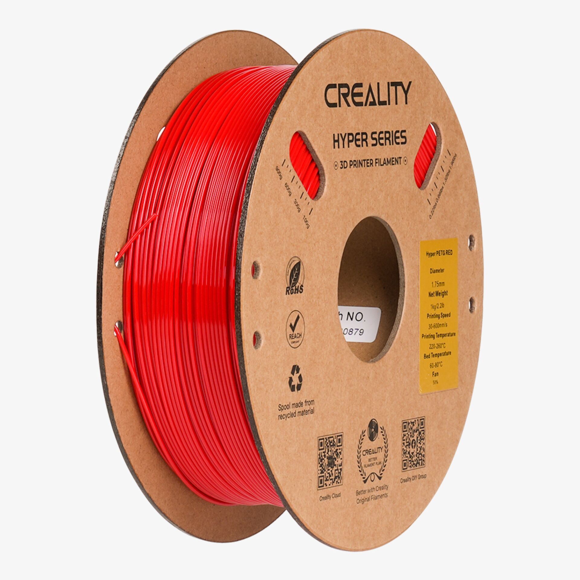 3D printing filament, red filament, PETG filament, even diameter, recycled material