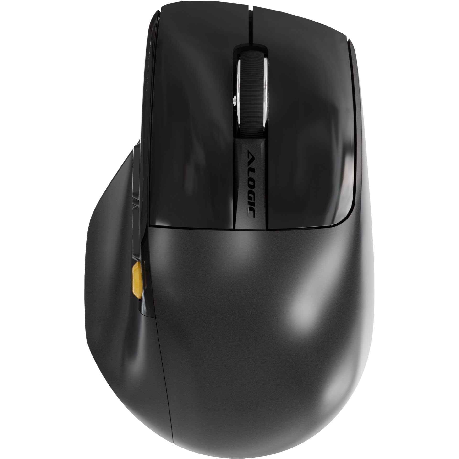 ergonomische Maus, horizontale Sicht, schwarz, Räder, Schnellknopf