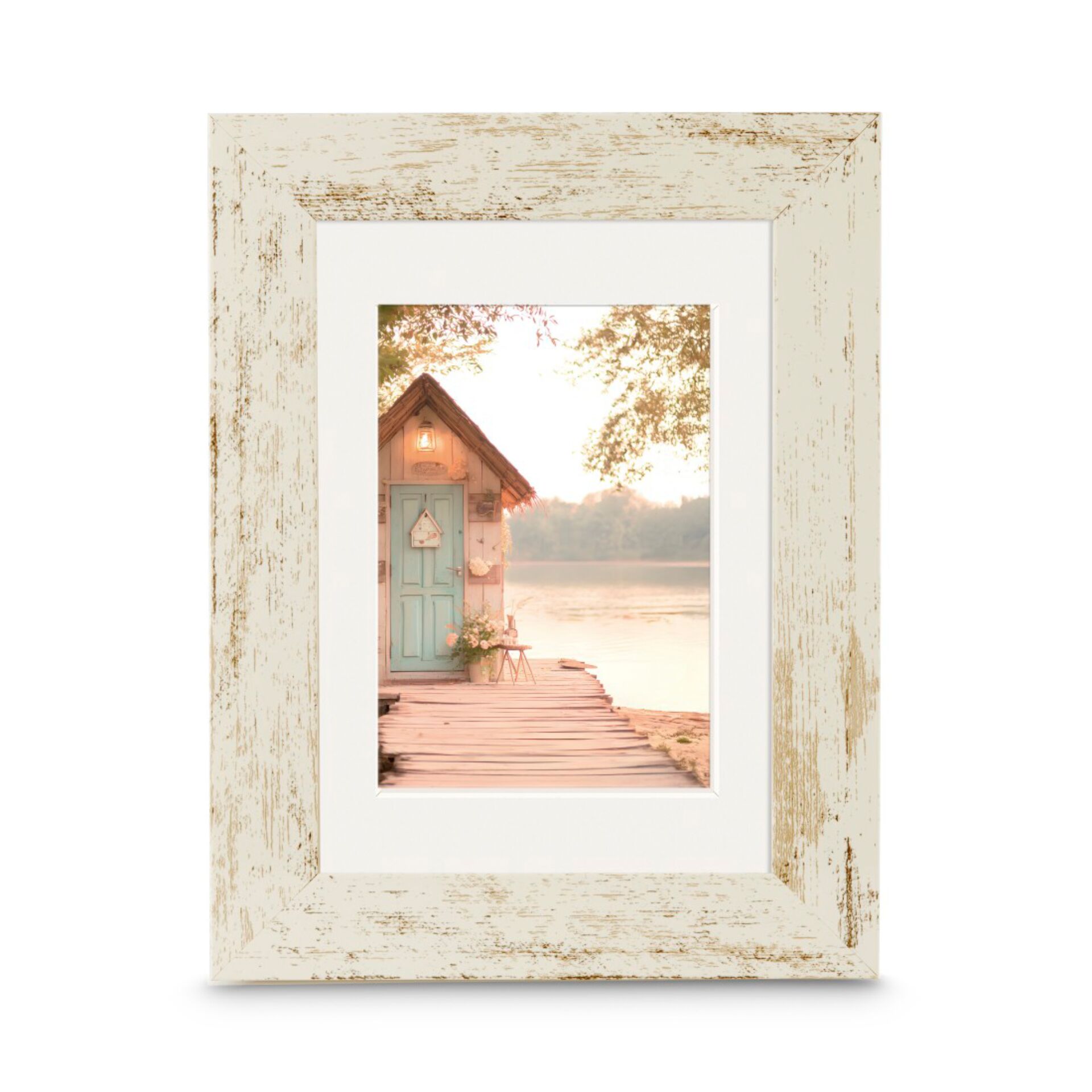 Bildrahmen, Holzrahmen, weißes vintage frame, Rustikaler Rahmen, Foto mit kleiner Hütte am Wasser