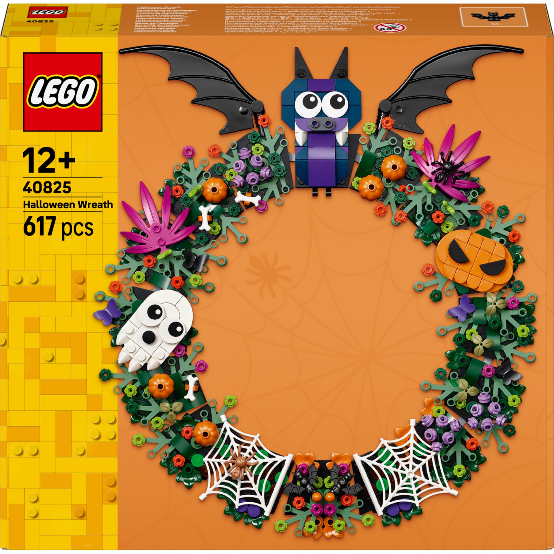 Halloweenkranz, Lego,  Fledermaus, Kürbis, Spinne, Spinnennetz