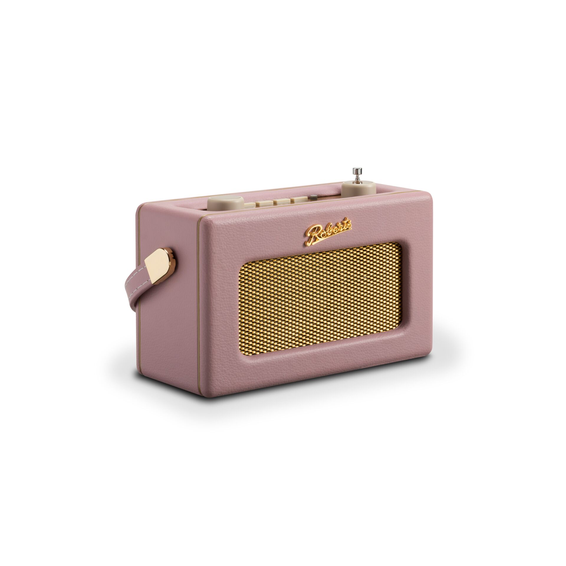 portabler Lautsprecher, pink, goldenes Gitter, Kunstleder, Drehknopfsteuerung