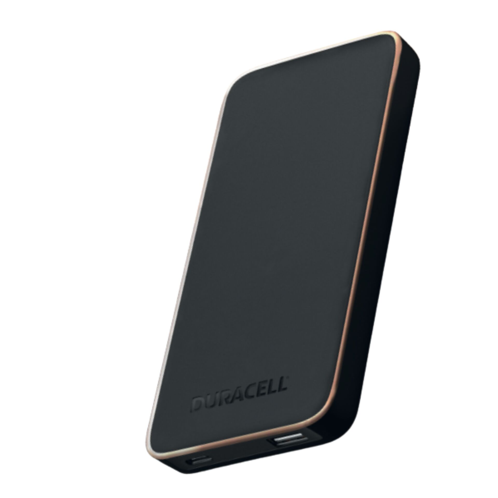 Powerbank, schwarz, Kupferkante, USB-Anschlüsse, Duracell